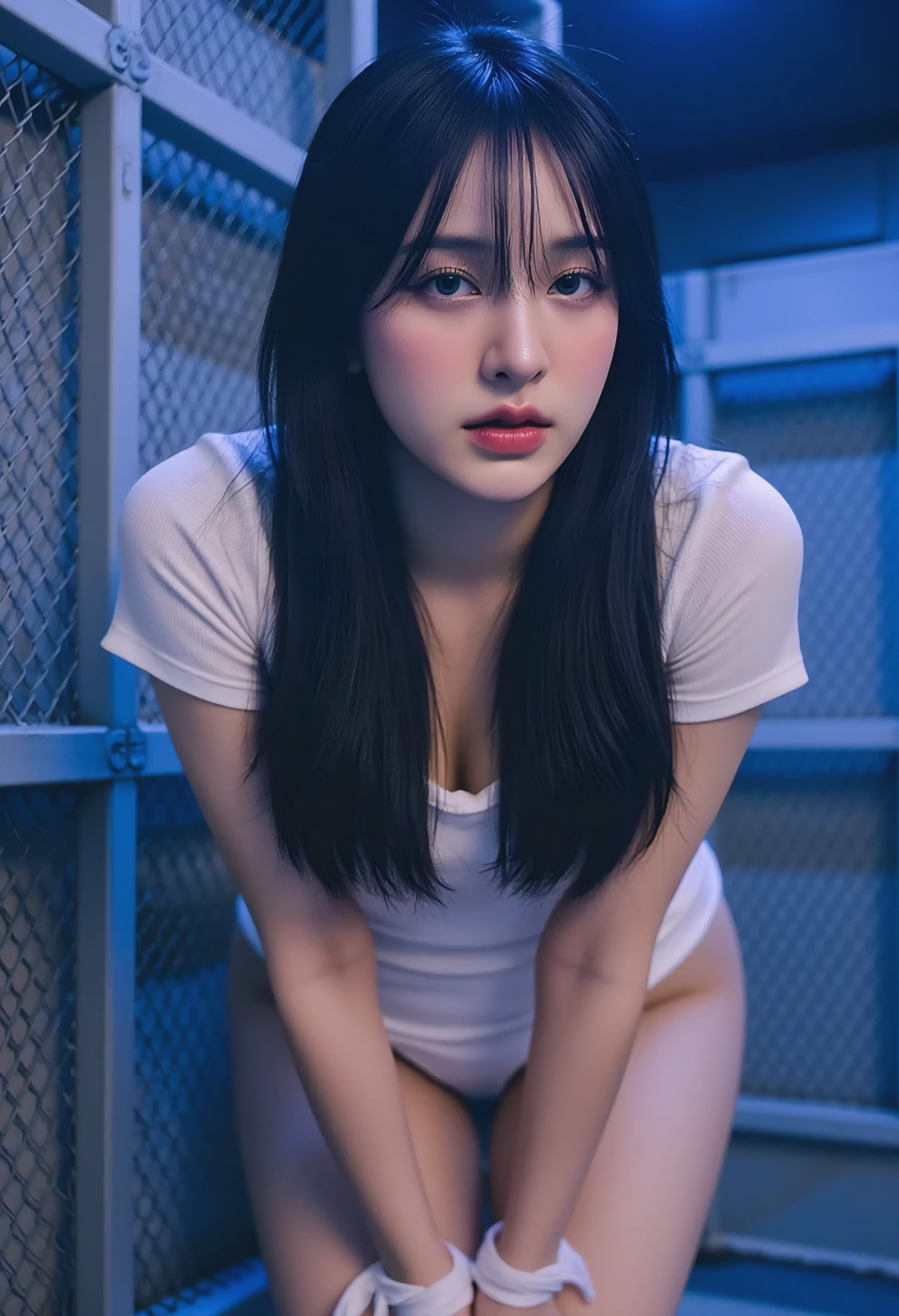 A young Korean woman with long black hair and piercing blue eyes leans forward in a dimly lit, enclosed space with a blue-violet gradient and metallic grid structure. Her pale skin glistens under the faint light as she stands tied by white cloth at the hands, her wet, form-fitting white shirt clinging to her curves. A subtle pain etches her face, contrasting the serene beauty of her features as she stands in a pose of quiet desperation