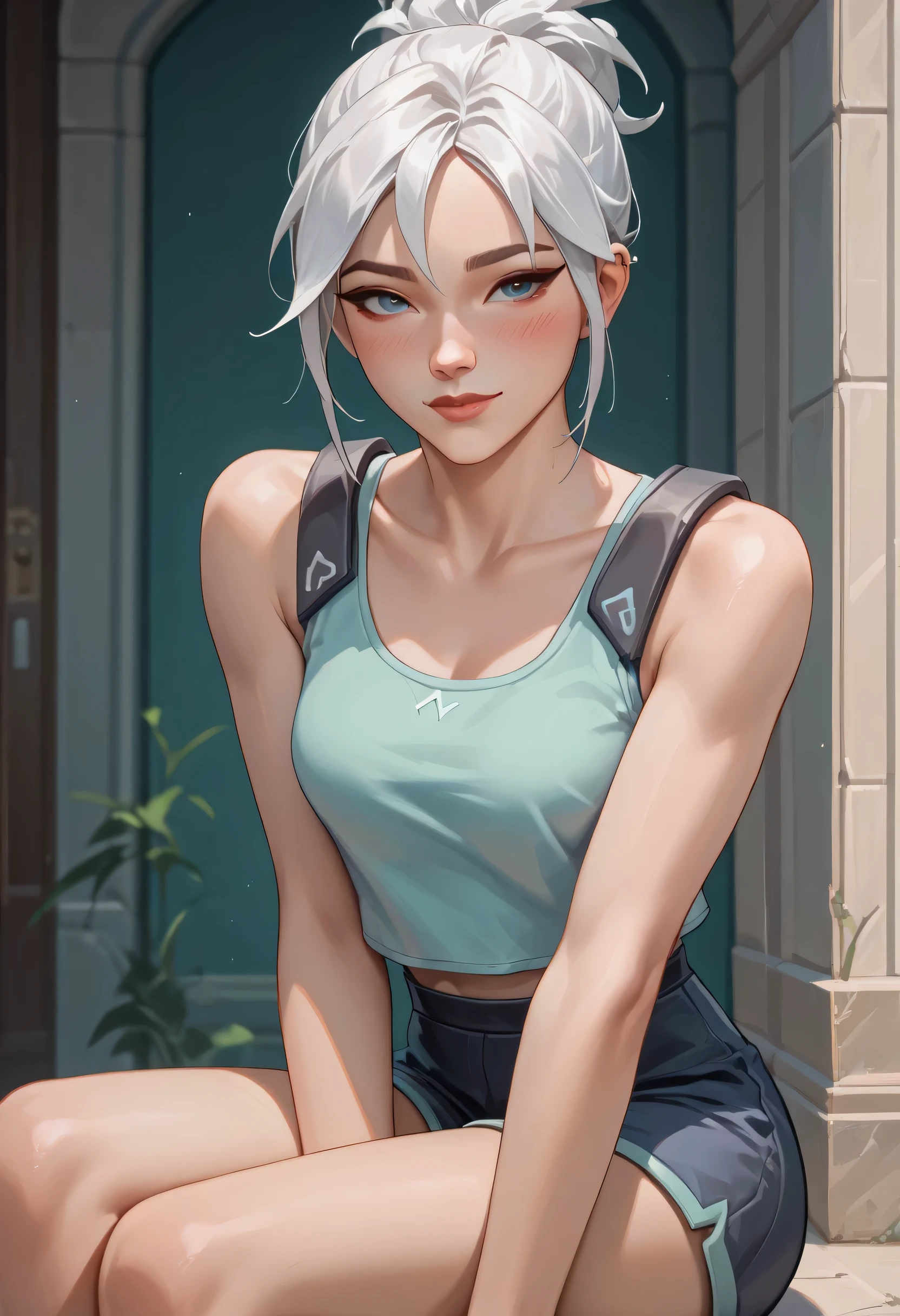 score_9, score_8_up, score_7_up,source_anime, high res image,masterpiece,best quality,girl,cute face,clear skin,jett_valorant,white hair,white tanktop,blushes,seductive,shy smile,