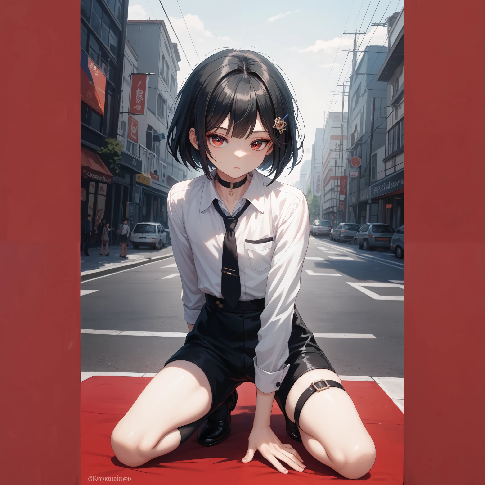 ((highly accurate))、((high-detail))、((4k CG))、Anime girl kneeling on the floor in a short skirt and red tie、Cute s、the anime girl is crouching、Beautiful anime girl squats、Anime Moe、((Beautiful red eyes))、((8K Eyes))、brown haired、short-haired、((fantasy worlds))、