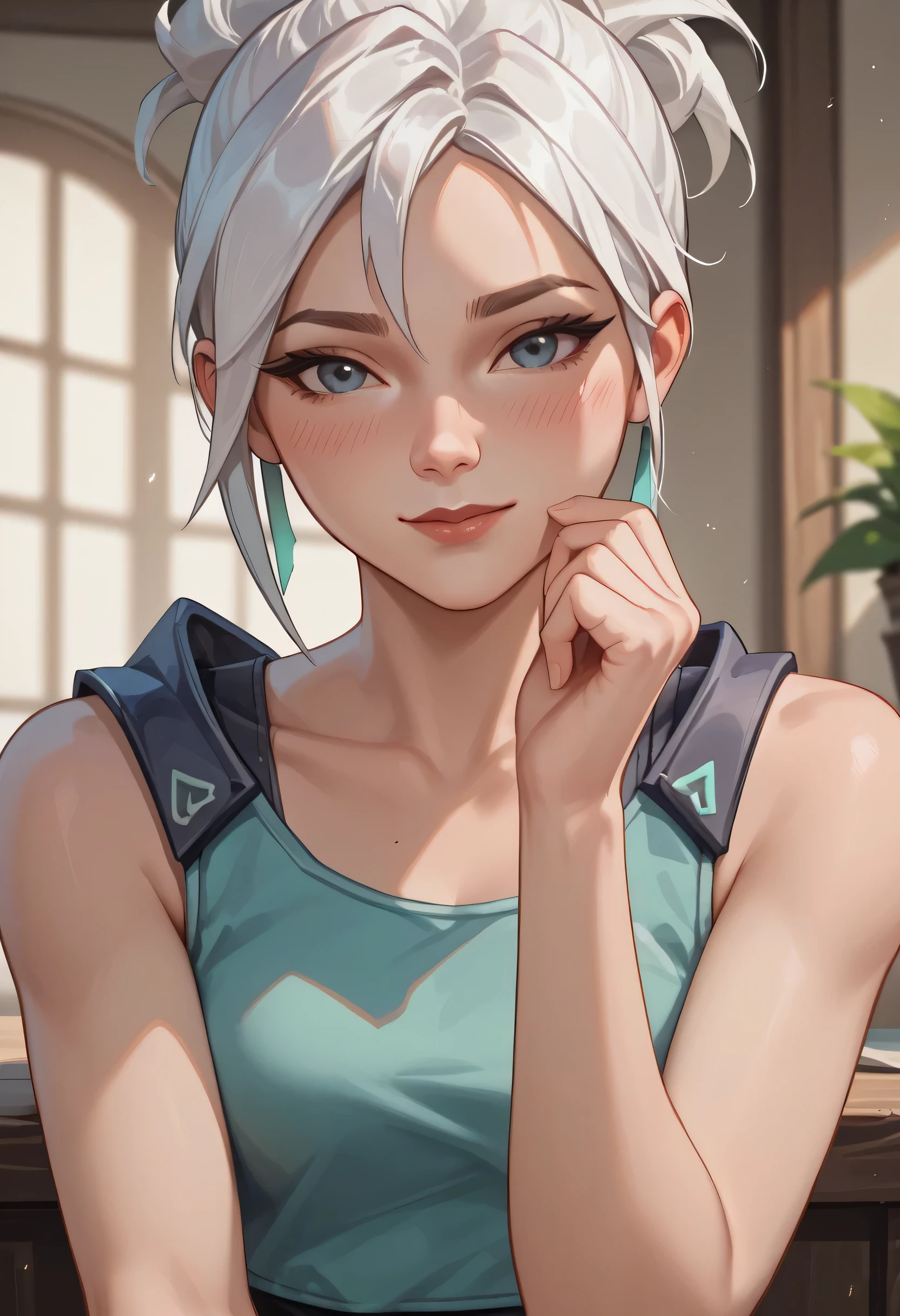 score_9, score_8_up, score_7_up,source_anime, high res image,masterpiece,best quality,girl,cute face,clear skin,jett_valorant,white hair,white tanktop,blushes,seductive,shy smile,hand raised,