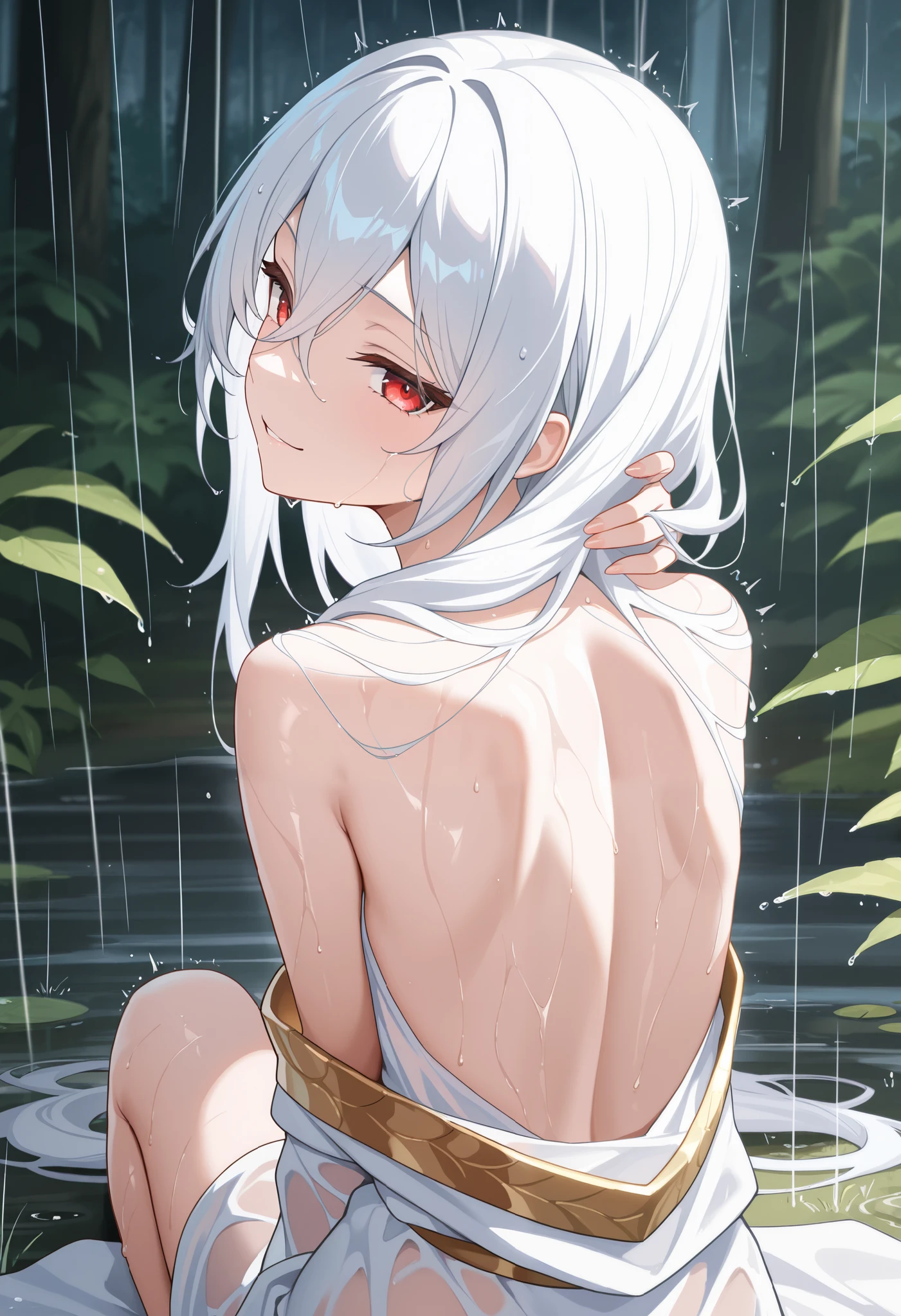 masterpiece, highres, absurdres, depth of field, best quality, amazing quality, very aesthetic, high resolution, newest, hyper-detailed, 1girl, mature woman, detailed skin, (upper body shot, from behind, exposed shoulders, exposed upper back, on her knees, kneeling, on the ground:1.1), looking over her shoulder, hand in her hair, extremely detailed eyes, HoSenti, long hair, white hair, red eyes, flat chest, smirk, tsurime, head tilt hair between eyes, greco-roman clothes, nature, aura of white nature magic, teasing expression, heavy-rain, rain, wet, wet body, wet skin, 