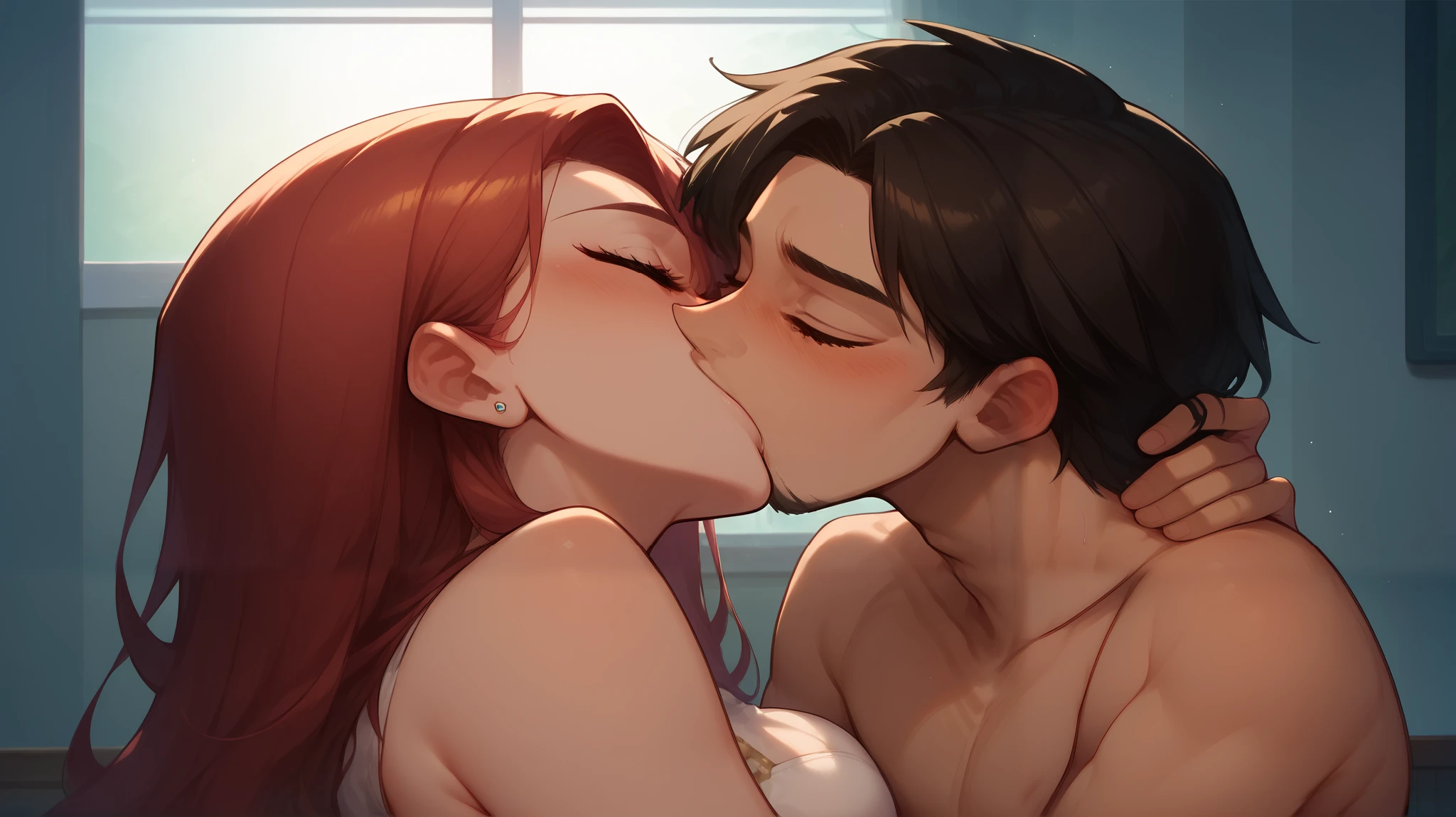 Shirtless boy kissing a sexy woman wearing a saree near a windowsill, natural light beaming through window, passionate, intensely intimate, lustful, hot, hugging tight, both blushing intensely