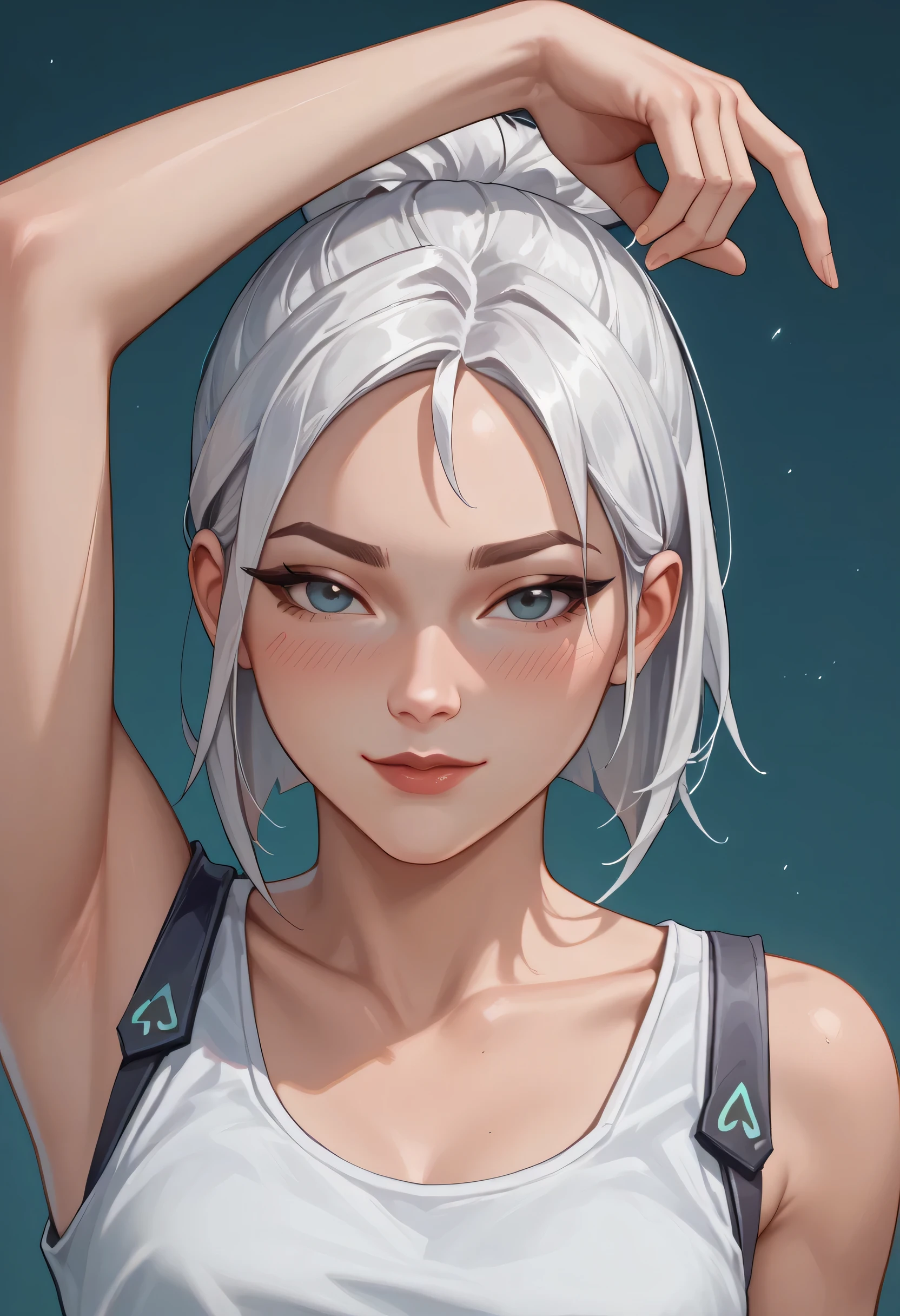 score_9, score_8_up, score_7_up,source_anime, high res image,masterpiece,best quality,girl,cute face,clear skin,jett_valorant,white hair,white tanktop,blushes,seductive,shy smile,arm raised,