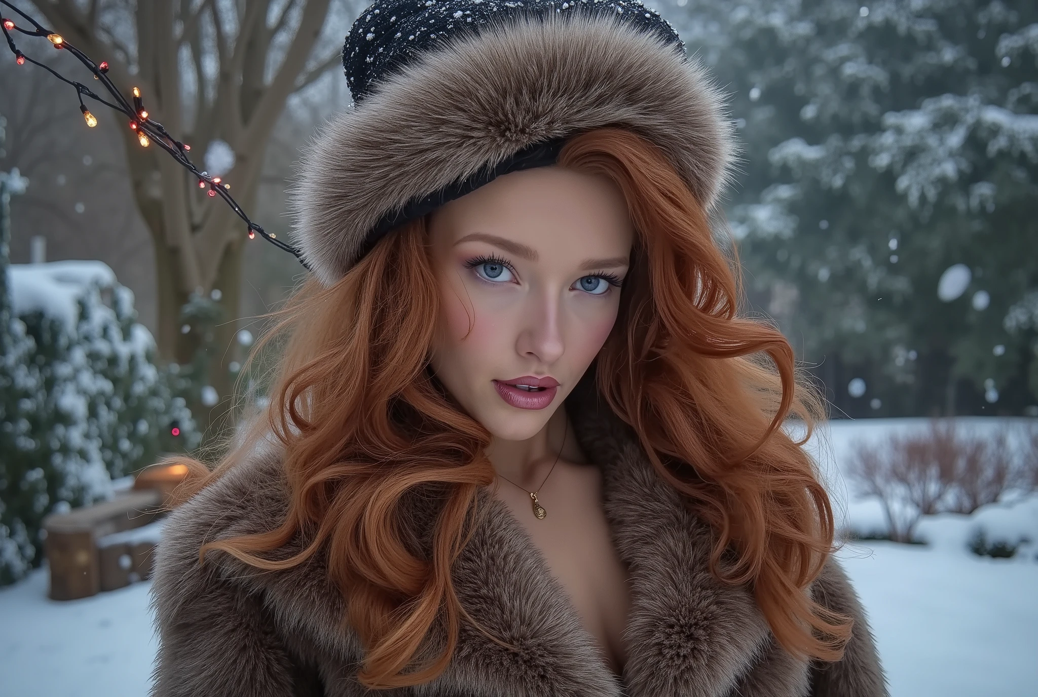 portrait, A female with red hair and perfect eyes, wearing a fur coat and a fur hat, seductive, perfect subtle makeup, snowing, christmas lights, wet gouche, winter
