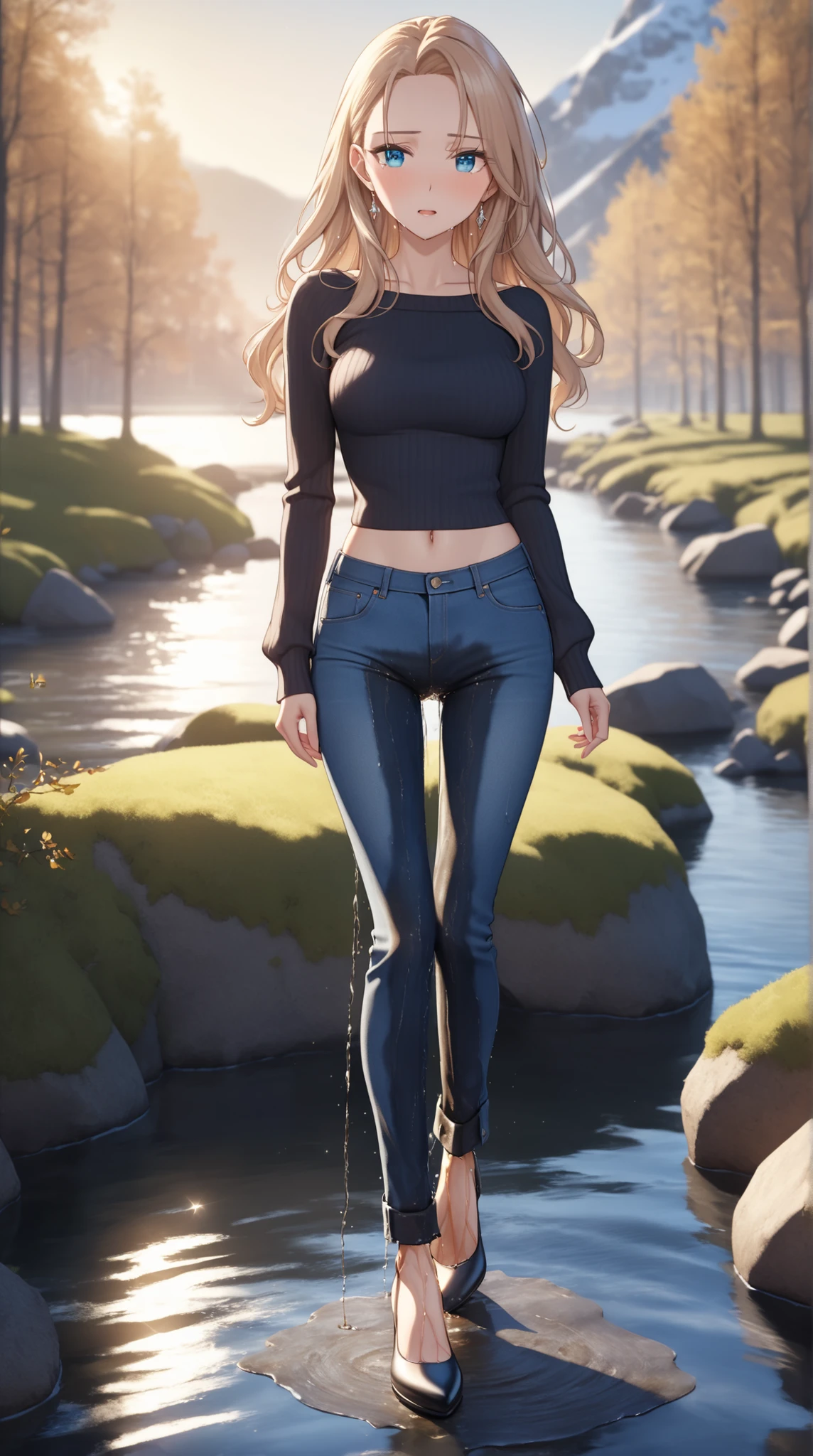 A youthful scandinavian female with dazzling eyes and lovely long hair and forehead with skinny body with round ass and medium breast is (wetting herself:1.5) in desperation. Piss is flowing from her bottoms in a stream down to her ankles and a large wet crotch stain is visible on her jeans. Large wet thigh, knee and shin stain is visible on her jeans. She is wearing blue denim pants with casual outfit and footwear. Looking at viewer. :O. Outdoor setting in february in scandinavia. (Best quality. Masterpiece:1.3. 16K. Detailed. Ultra high resolution). Fashion photography. Full body picture. Highly detailed face and skin texture. Detailed eyes. (Deep focus). Soft natural lighting.