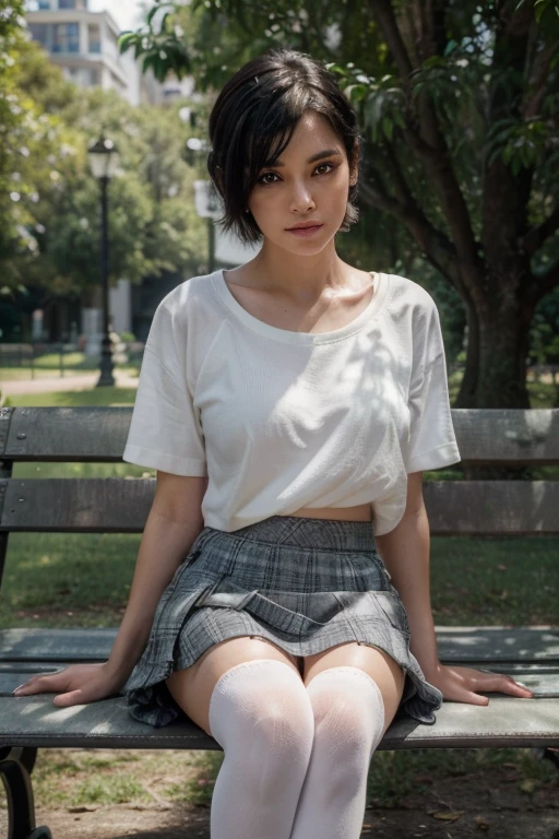 ((Best quality)), ((Masterpiece)), (detailed), perfect facegirl short haircut, black hair,Brown eyes,square haircut, sitting on a wooden bench in the park, blue skirt,Red jacket,portrait , beautiful sitting european woman , cgsociety 9, portrait в стиле боди-арт, portrait красивой девушки с карими глазами, 4K photography, художественное portraitное фото, realistic anime style, реалистичный portrait, ,blue skirt, Red jacket
