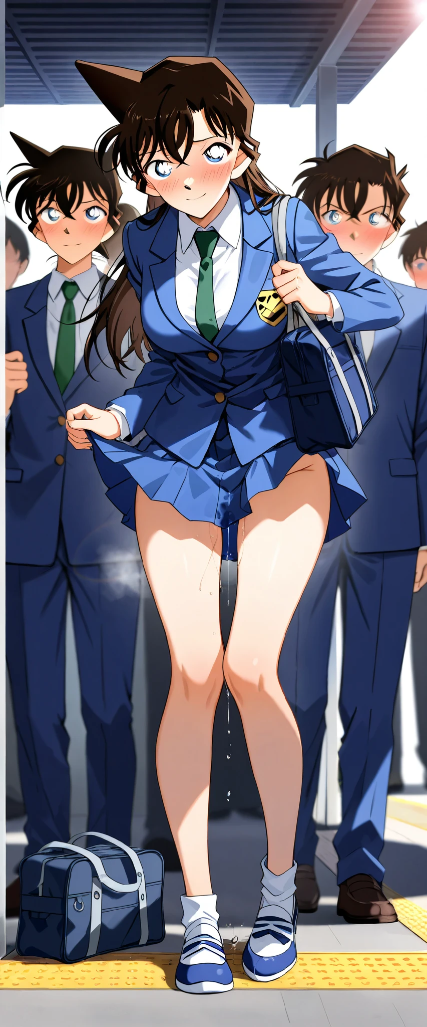 score_9, score_8_up, score_7_up,1girl,mouriranai,mouri ran,meitantei conan,brown hair, blue eyes, long hair, breasts, large breasts, lens flare, medium breasts,BREAK,skirt, shirt, long sleeves, school uniform, jacket, white shirt, pleated skirt, necktie, collared shirt, miniskirt, blue skirt, blazer, blue jacket, green necktie,school bag,no bura,no panties,BREAK,blush,embarrassed,aroused,smile,(in heat:1.3),pussy juice,standing,grabbing panties,BREAK,full body,from forward,train station platform,crowd