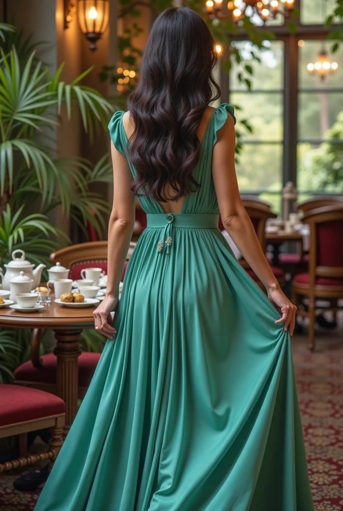 Quinceañera with her back turned to me in a dark green dress