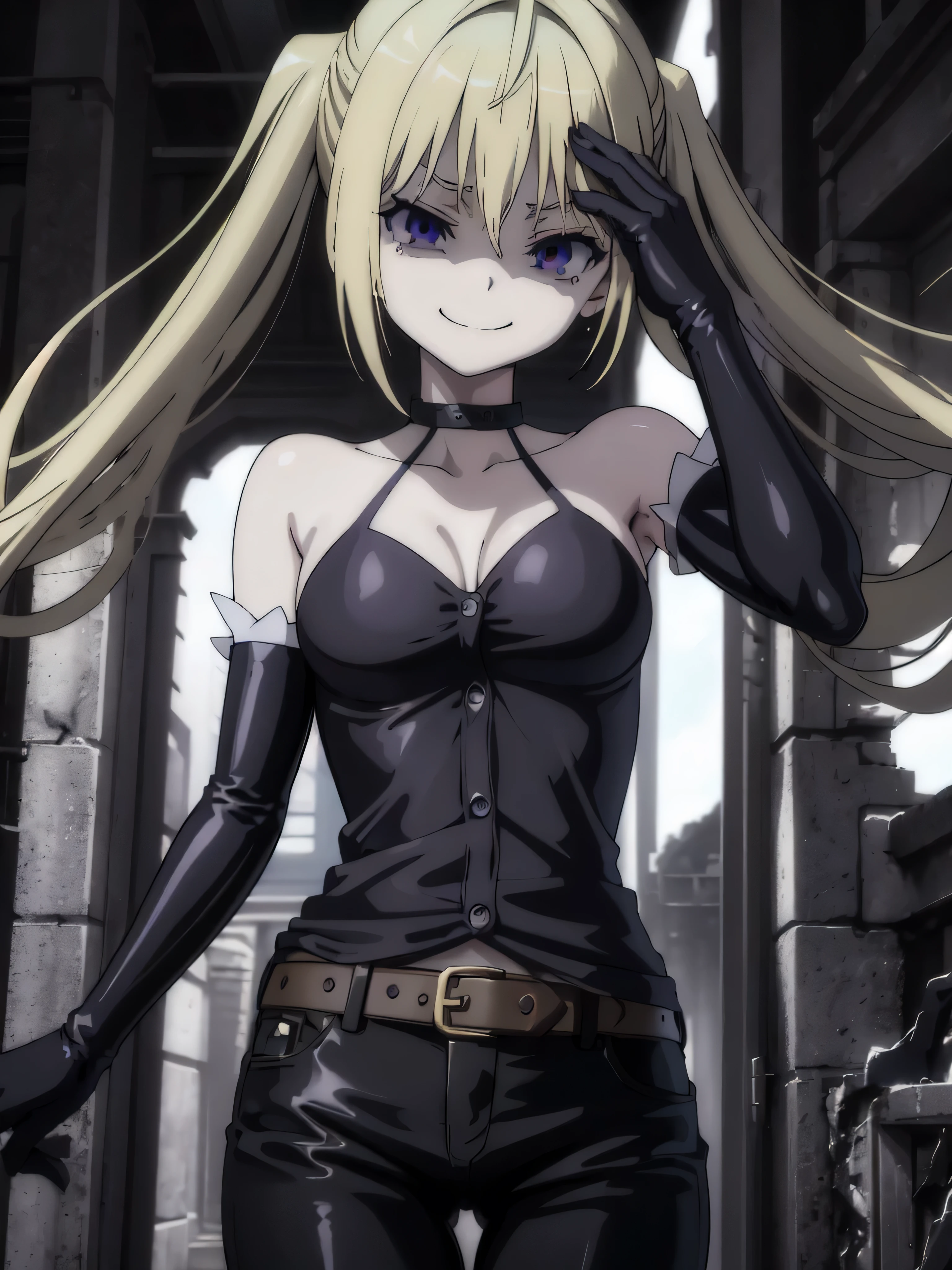 (masterpiece, best quality), 1girl, lieselotte sherlock,high quality, extremely detailed, perfect face,(dark and stormy skies, lightning)(masterpiece:1.0),(Highest_quality:1.0), 超High resolution,4k,Super detailed, photo shoot, 8K, HDR, High resolution, disorganized:1.2, twintail,grin,looking at the viewer,latex,elbow gloves,,, ,official art,short pants,(beautiful_face:1.5),(narrow_waist),,Highly detailed CG Unity 8K wallpaper, perfect lighting,evil grin,