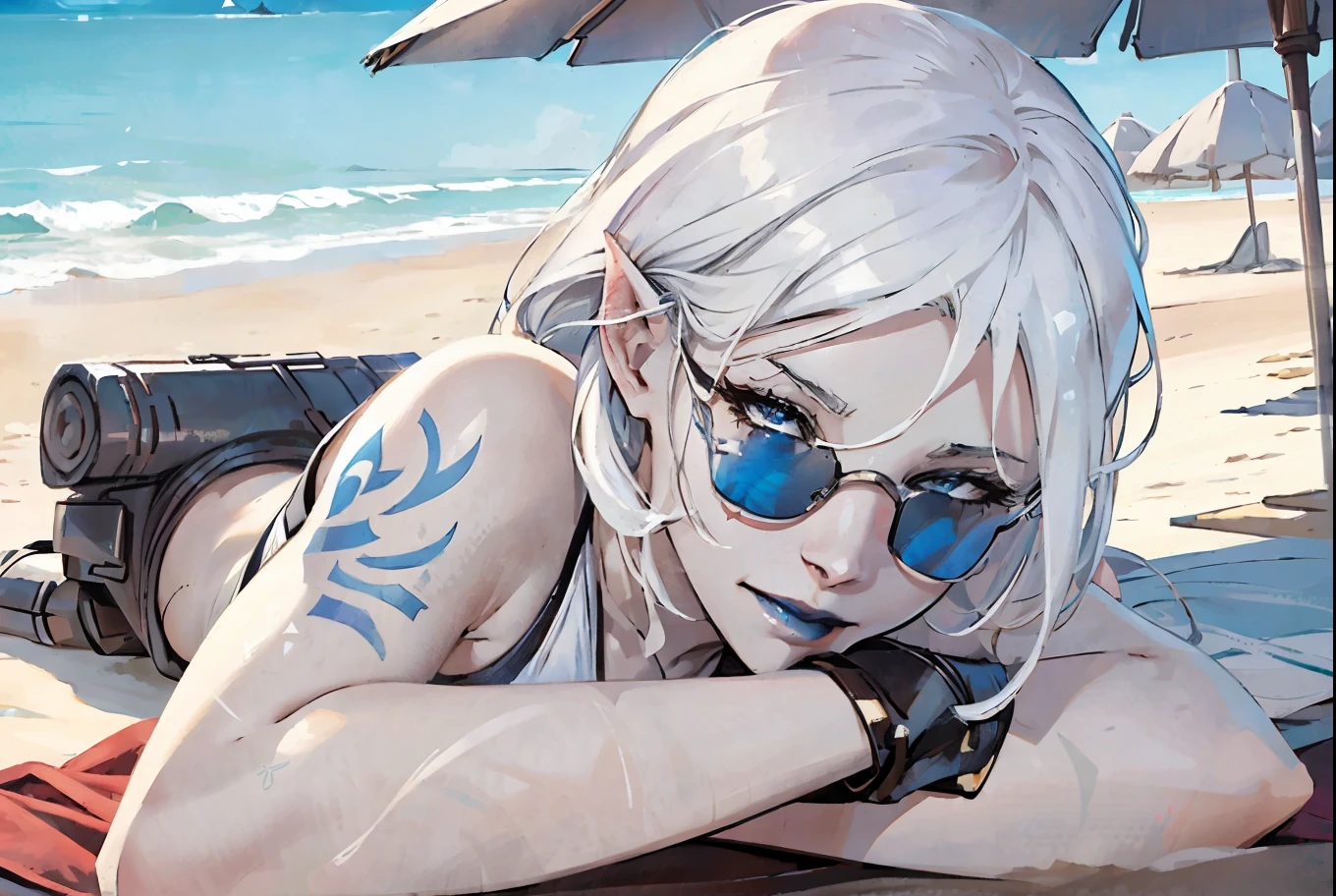 star wars, jarael, alabaster skin, white hair, blue lips, laying on a towel on a sunny beach, red bikini, reclining, relaxing, wearing sunglasses, solo, smiling, facial tattoos, full body, perfect anatomy