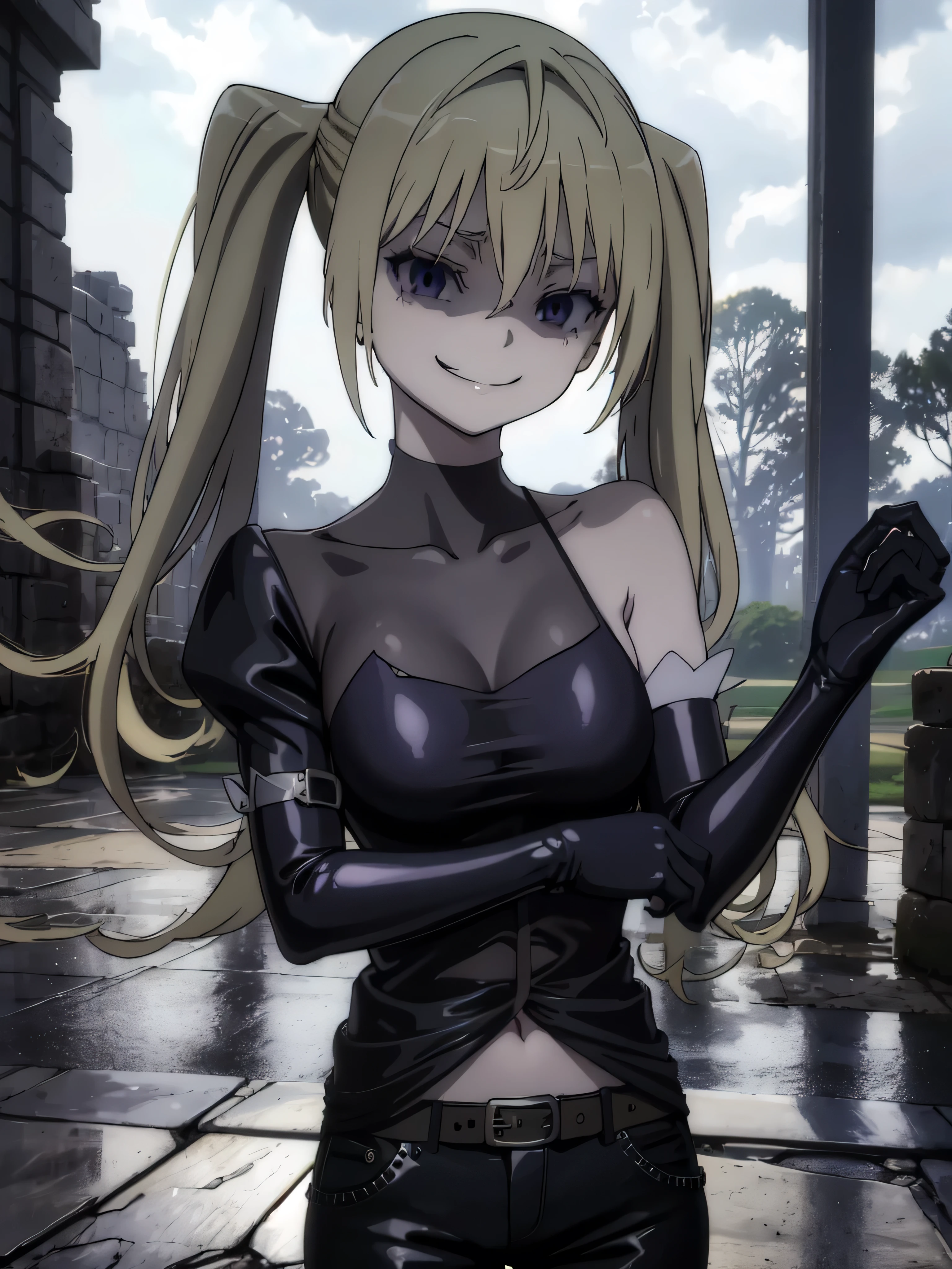 (masterpiece, best quality), 1girl, lieselotte sherlock,high quality, extremely detailed, ,(dark and stormy skies, lightning)(masterpiece:1.0),(Highest_quality:1.0), 超High resolution,4k,Super detailed, photo shoot, 8K, HDR, High resolution, disorganized:1.2, twintail,,looking at viewer,latex,elbow gloves,,, ,official art,short pants,(beautiful_face:1.5),(narrow_waist),,Highly detailed CG Unity 8K wallpaper, perfect lighting,laugh at,evil smile,evil smirk,looking down at viewer,upper body,smile bad,deep shaded face,evil fall,