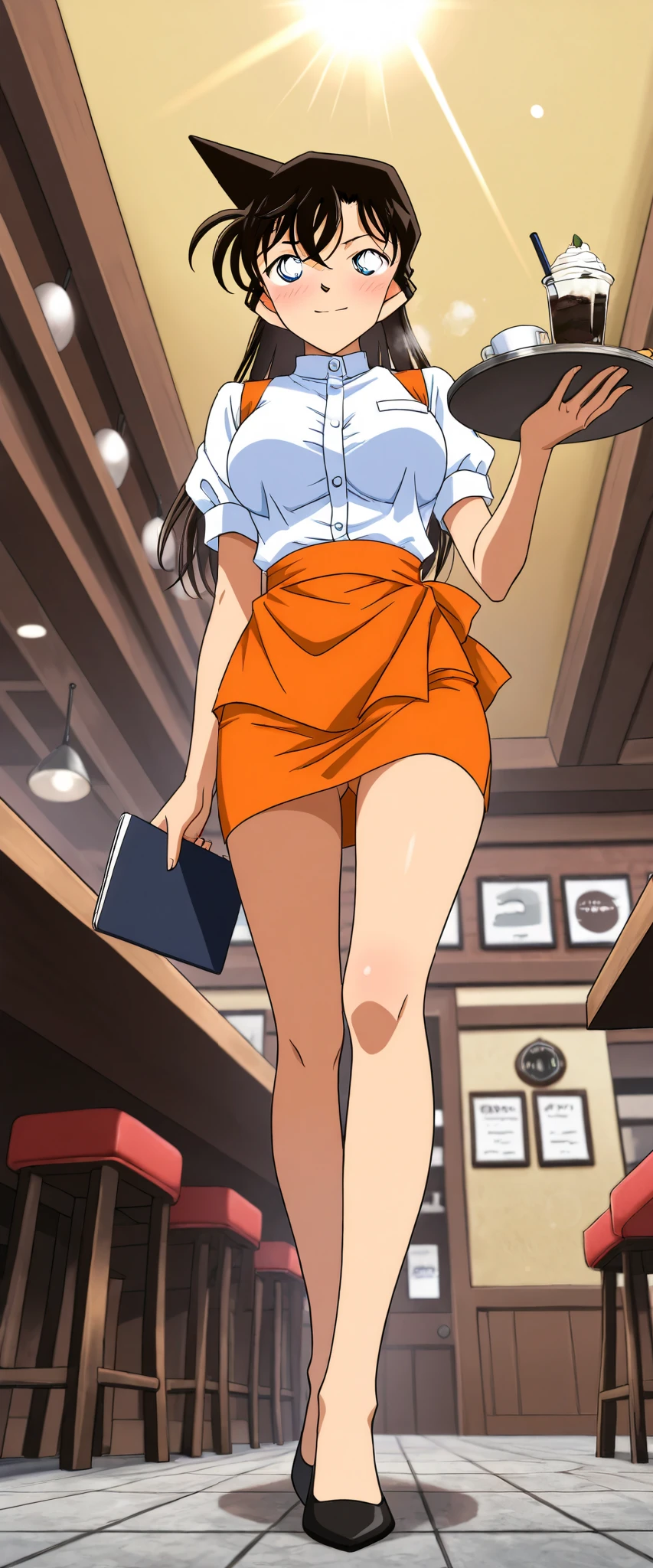 score_9, score_8_up, score_7_up,nsfw,1girl,solo,mouriranai,mouri ran,meitantei conan,brown hair, blue eyes, long hair, breasts, large breasts, lens flare, medium breasts,no bura,no panties,BREAK,waitress, orange micro mini pencil skirt,(holding trsy),BREAK,blush,embarrassed,seductive smile,(in heat:1.3),BREAK,walking,serve customers,BREAK,from front,from below,full body,indoor,cafe,looking viewer