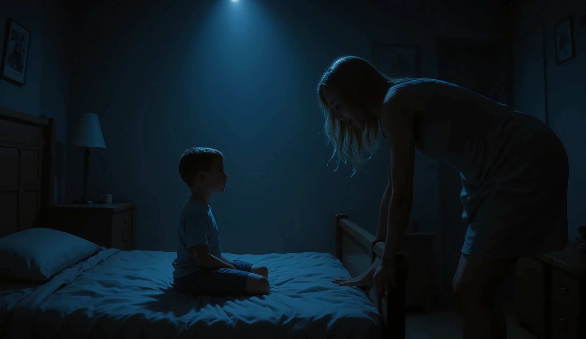 A mother entering a 's dark room at night. The boy is sitting on the bed, staring intently at a corner where an ominous shadow forms. The mother seems desperate, trying to reach her son. dim lighting , with bluish tones. Effects of distorted screams and strong wind.