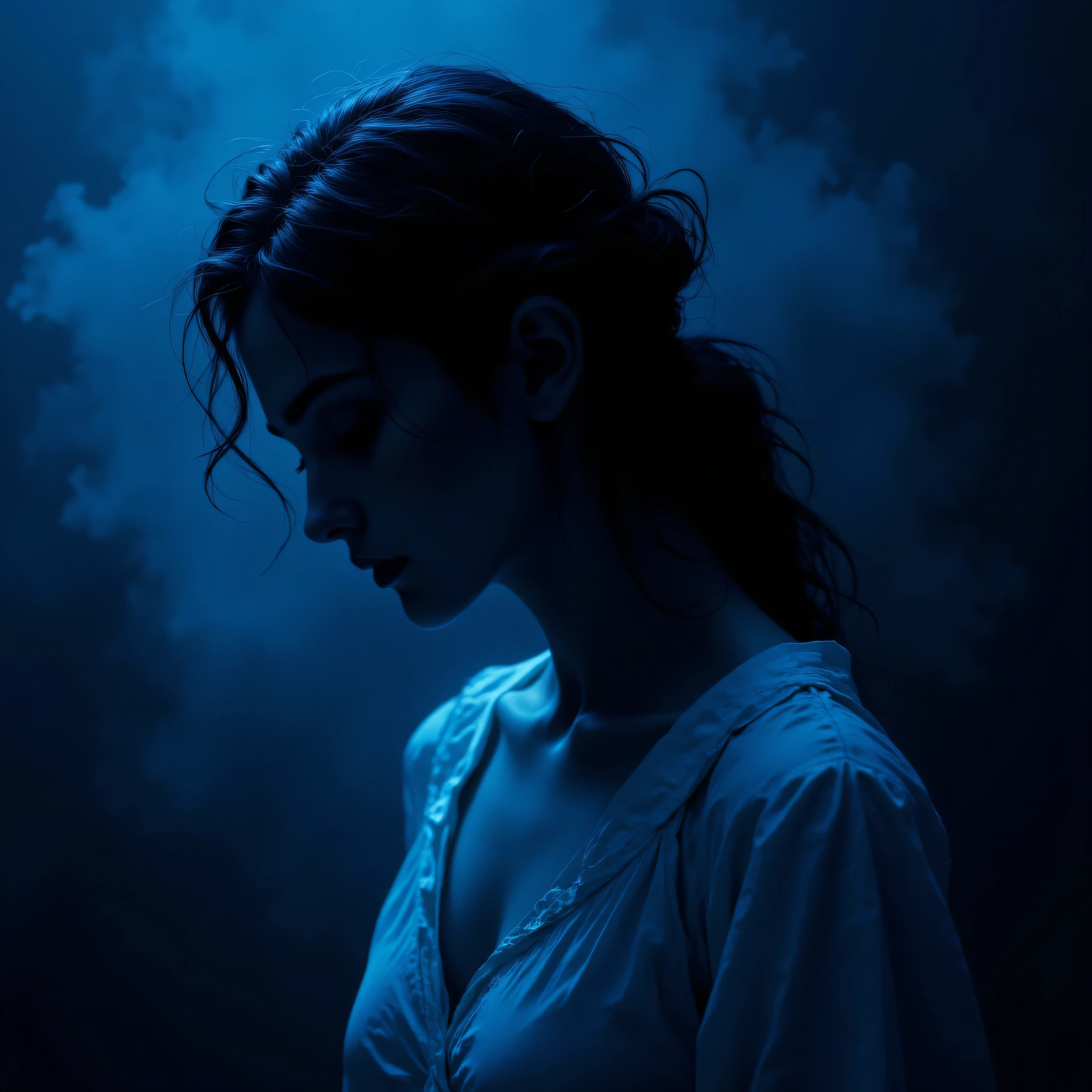 A silhoette of a (woman's face in shadow), ((very pale skin)), dark, wavy hair, looking down, pure white dress, close up, facing to the front, ((her face is in shadow)), thick mist, ((((deep dark sapphire blue color)))), at night, darkness, shadow, masterpiece, digitalart, painting, split complementary palette, muted, monochromatic, achromatic, (cinematic artistic composition), best quality, (ancient feel), philosophy