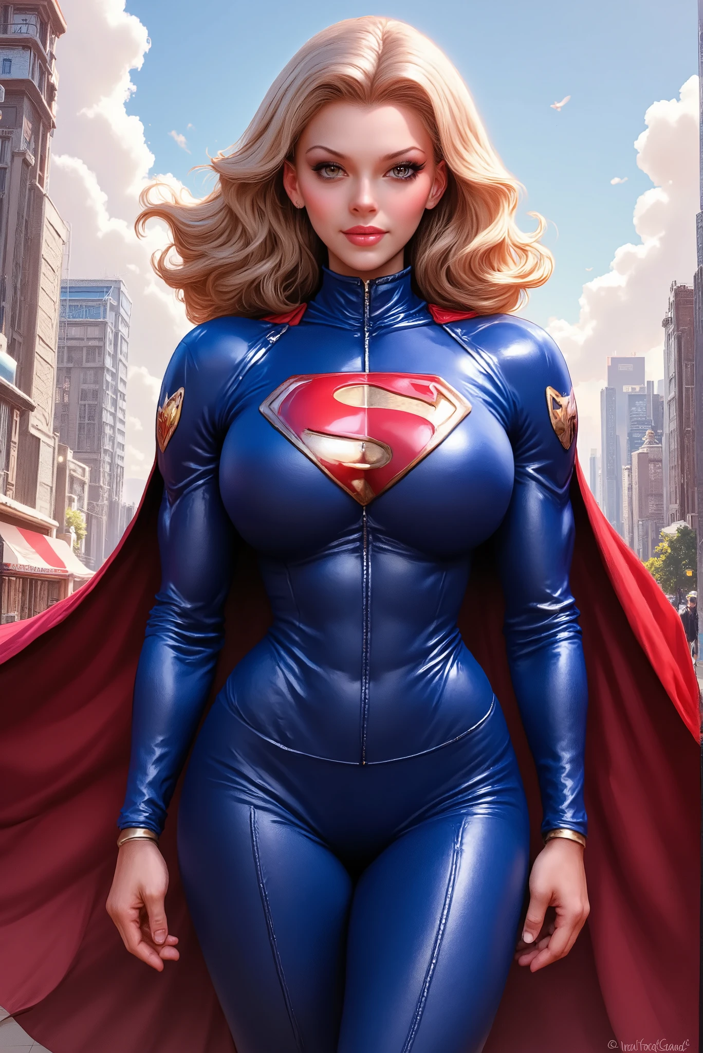 Full body portrait of A 28 years blond woman AS SUPERGIRL WEARING A SEXY SUPERMAN SUIT AND CAPE, IN A city, from a distance, artgerm