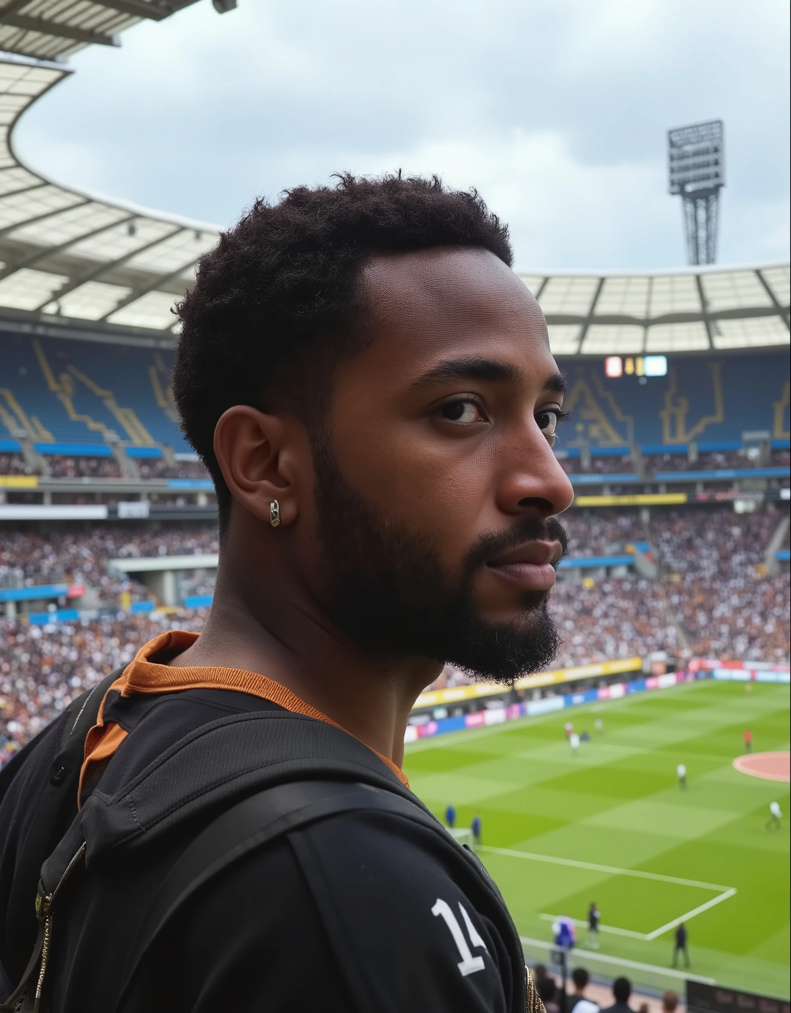 a beautiful black boy, 20 years old, with short afro hair, Fine beard, fair skin. match inside the Santiago Bernabeu stadium, watching the Real Madrid