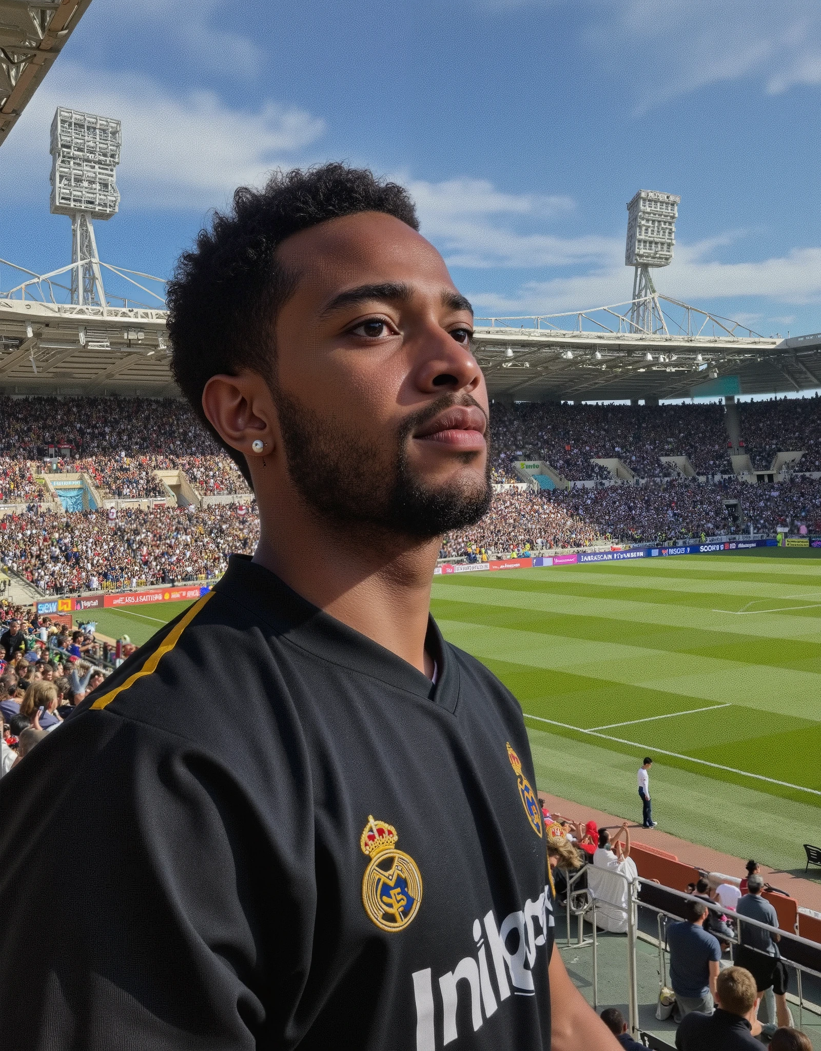 a beautiful black boy, 20 years old, with short afro hair, Fine beard, fair skin. match inside the Santiago Bernabeu stadium, watching the Real Madrid
