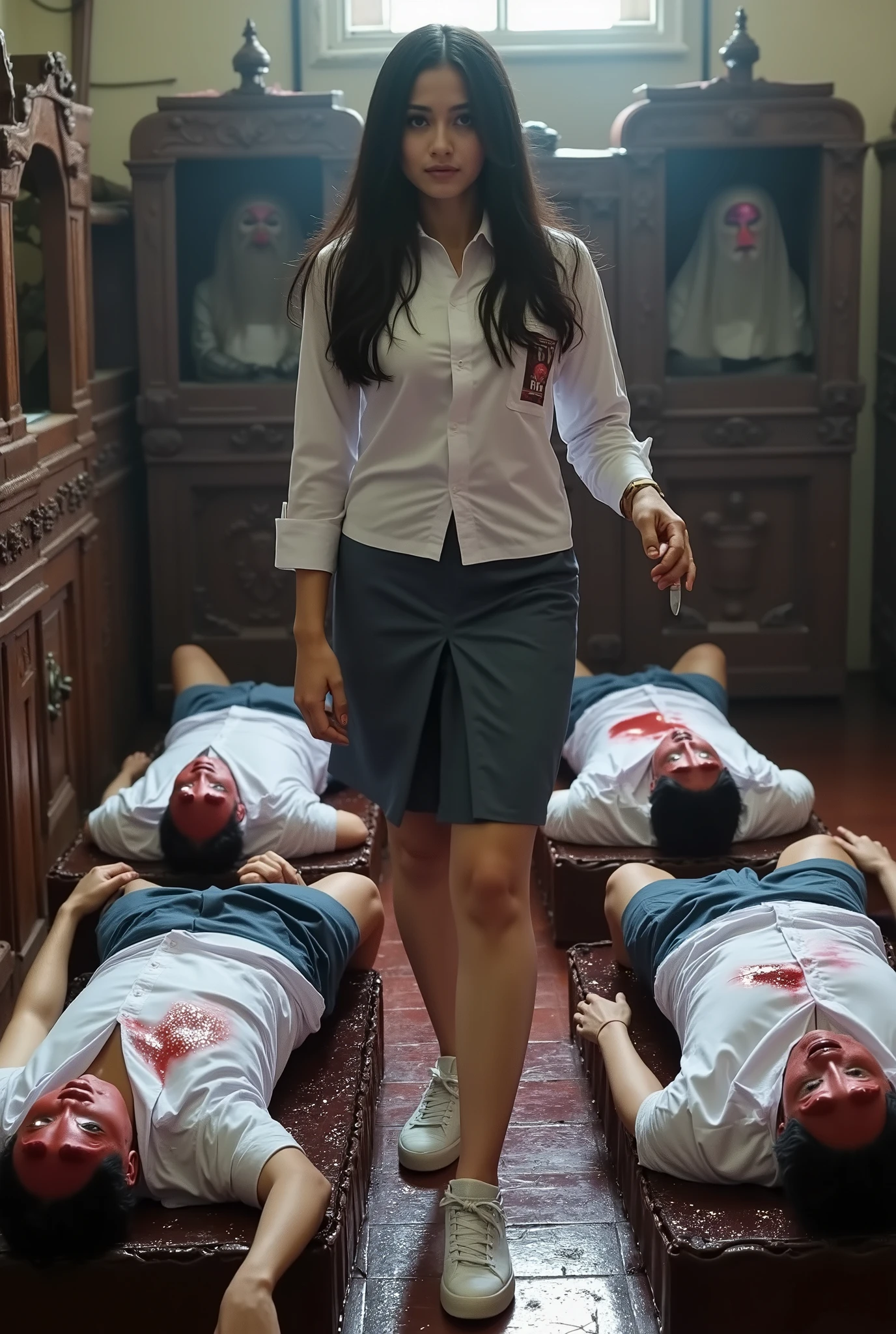 Realistic, Very beautiful girl, girl feet, girl knife, girl very thick hair, girl walks around many coffins, male full face mask, 5 male lying around, blood Splash male neck, male deadpool