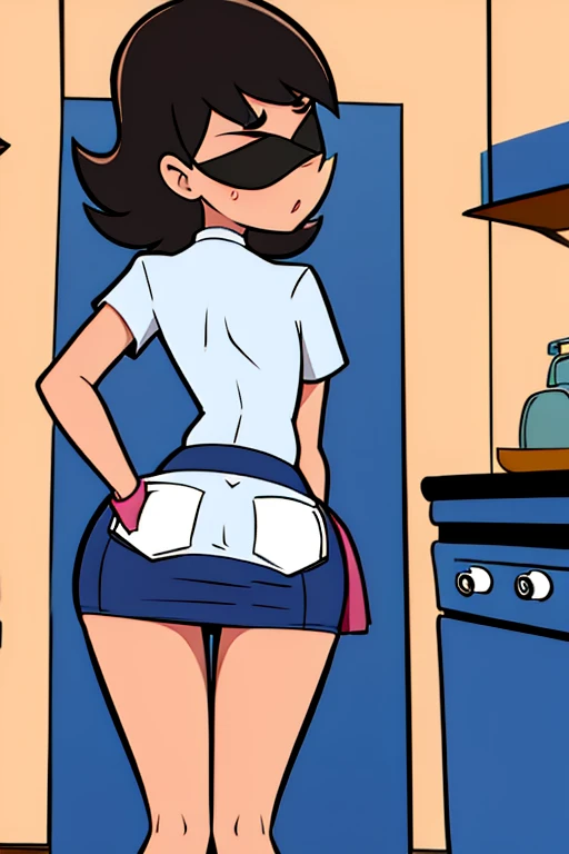 A gorgeous tomboy (taylor swift, age 18, giga busty, big butt, daisy duke shorts, tube top) is in a woodworking shop, looking at tool and acting lewd for viewer