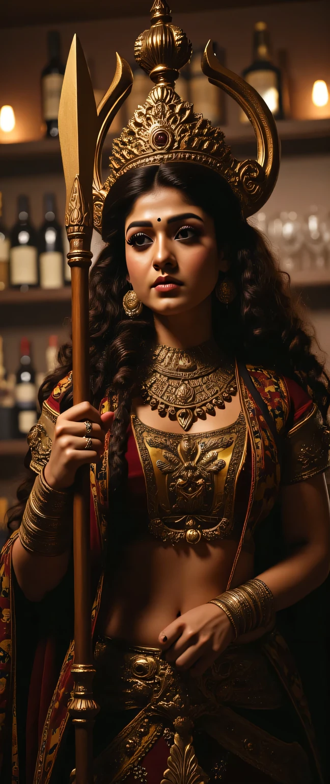 a powerful goddess durga, holding a trishul, in a bar setting with wine bottles in the background, beautiful detailed eyes, beautiful detailed lips, extremely detailed face and portrait, long eyelashes, cinematic lighting, intricate details, hyper-detailed, photorealistic, 8k, masterpiece, stunning colors, dramatic lighting, chiaroscuro, oil painting,