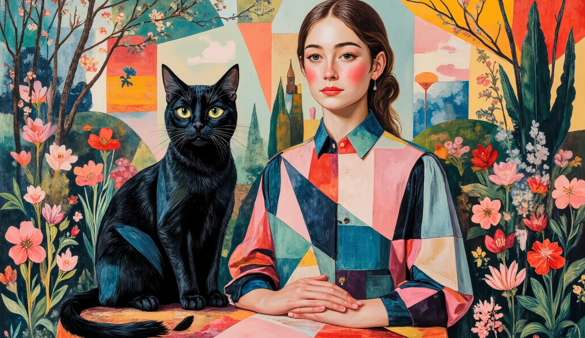 The cat and its owner in a cubist dreamscape garden. A quirky black cat with angular, geometric shapes and mismatched eyes sits next to its owner, a young woman depicted in a fragmented, Picasso-inspired style. Her face is shown in multiple perspectives simultaneously, with one eye larger and slightly misaligned, and her dress is composed of bold, intersecting shapes in vibrant blues, pinks, and yellows. The garden is a mosaic of abstract, colorful shapes where flowers and trees are reduced to geometric forms. The perspective is dynamic and layered, with depth created through overlapping planes and bold outlines. The lighting is warm, with shadows represented by contrasting blocks of color, giving the entire scene a sense of artistic chaos and harmony.