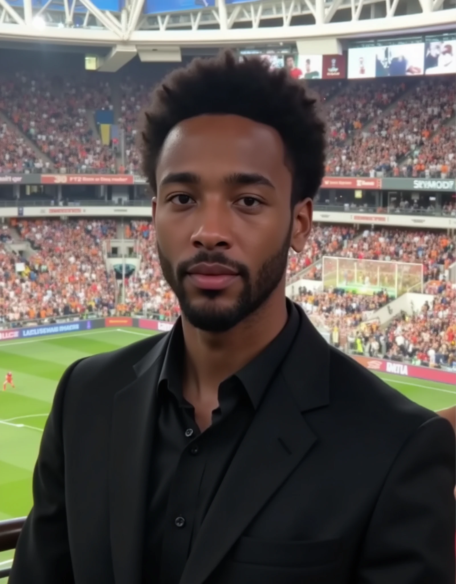 a beautiful black boy, 20 years old, with medium size afro hair, Fine beard, fair skin. Inside the stadium, watching a soccer match. handsome angle, well-dressed in black