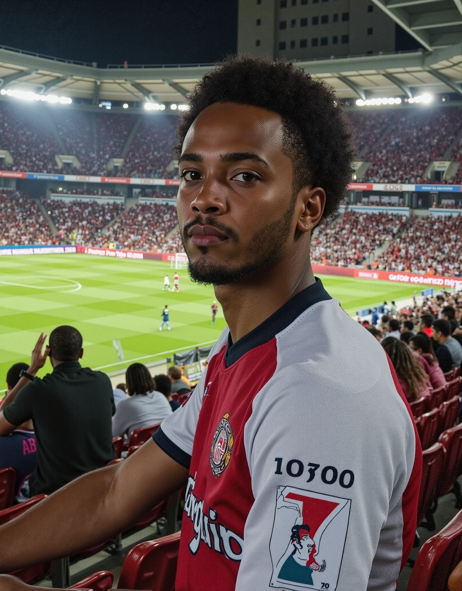 a beautiful black boy, 20 years old, with medium Afro hair, Fine beard, fair skin. Inside the stadium, watching a soccer match. With a written shirt "mannequin", with the number 7 or 10