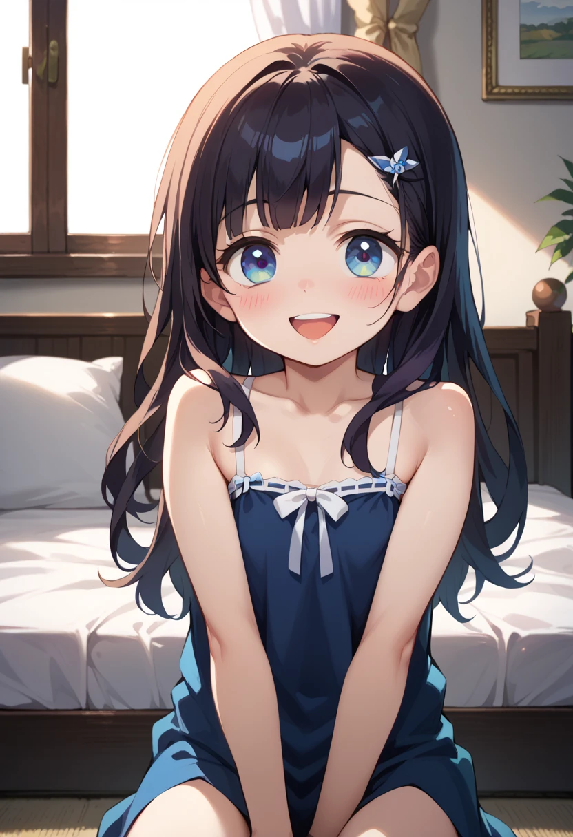 front view,1girl,Beautiful girl at 13 years old,Japanese,Small and slim,Flat Chest,Small breasts,Baby Face,Small face,Black Hair,Row Twin Tails,Gray Eyes,Drooping eyes,middle School girls,A transparent blue negligee,lingerie,open mouth,tongue out,front face,Kneeling and sitting,Beautiful and detailed anime art,Troubled expression,front view,high angle, looking at viewer, looking ahead, from above,face focus,Sexy vibe,cum on tongue,Dimly lit room,On the bed