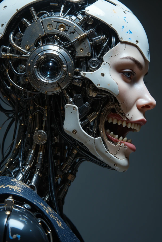 Garota cyberpunk, com fios saindo, mandibles, dentes afiados, Filme de Horror, animatronic, filme gore, filmado com panavision, monocromatic, estilo VHS antigo, beautiful face, two women beijaring, beijar, amor , nude sexy, seios grandes, Industrial Gothic, industrial,