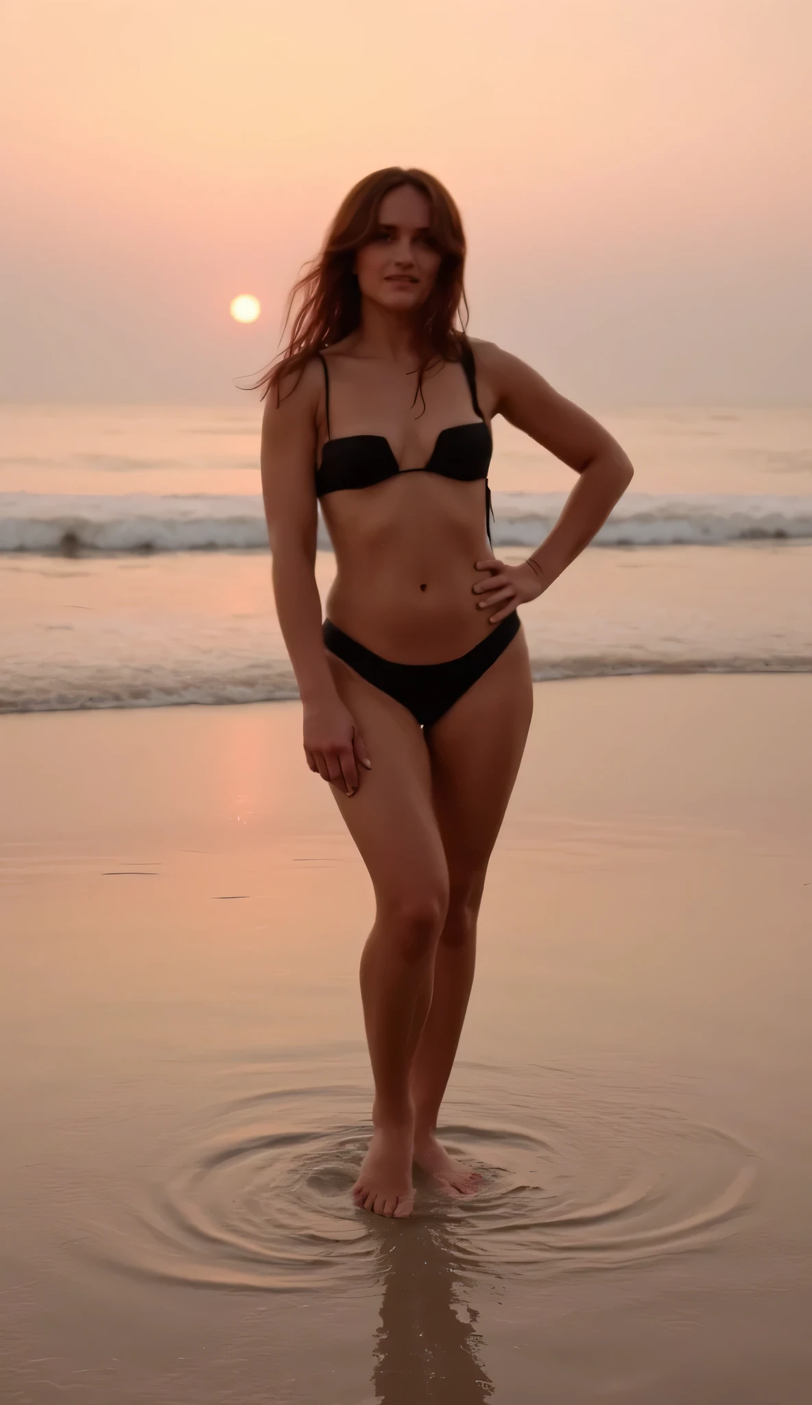 Velma nude smiling, sexy, full body on a deserted beach.