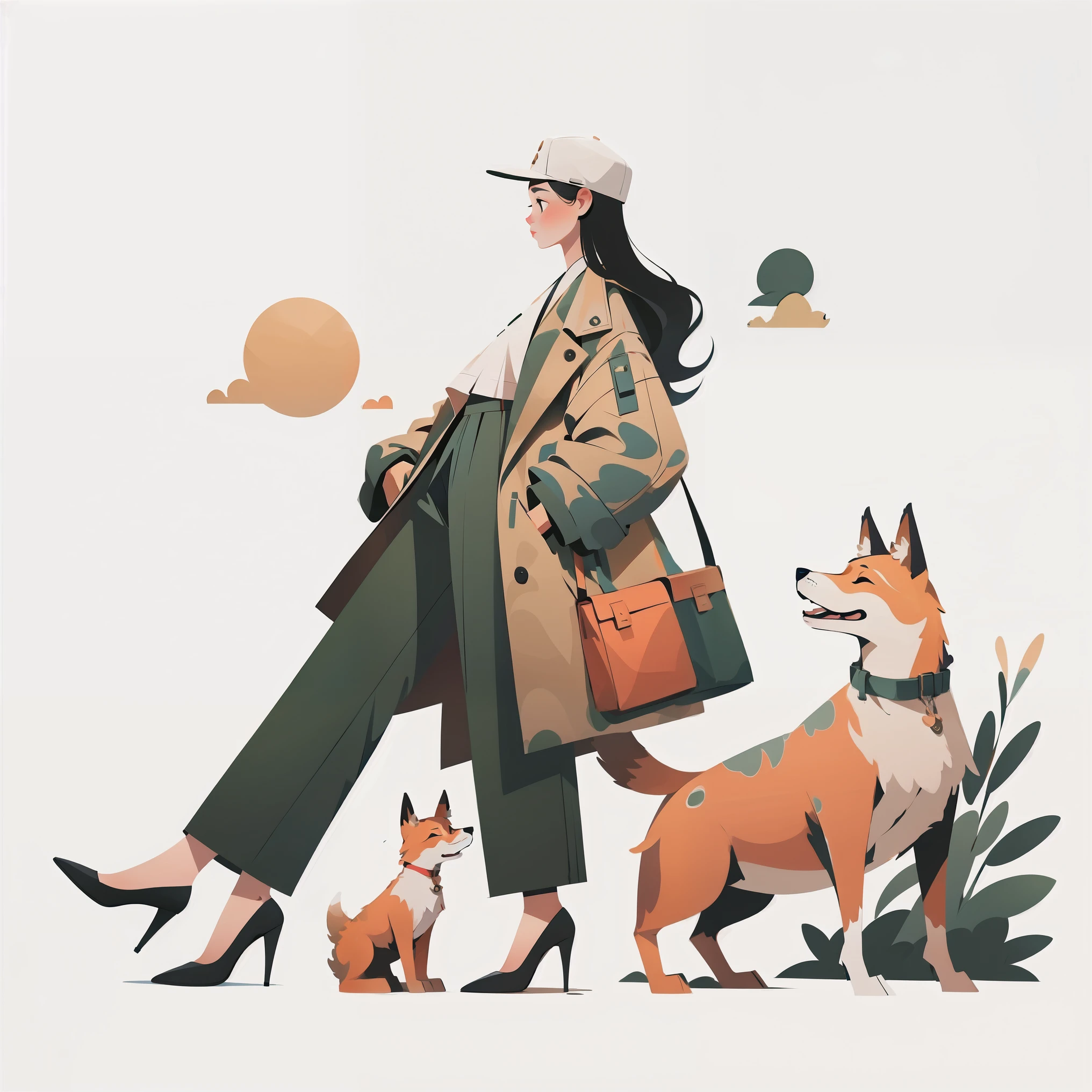 1girl,bag,dog,profile,long hair,black footwear,high heels,black hair,fox,hands in pockets,hat,white background,pants,coat,green coat,simple background,, masterpiece,best quality,