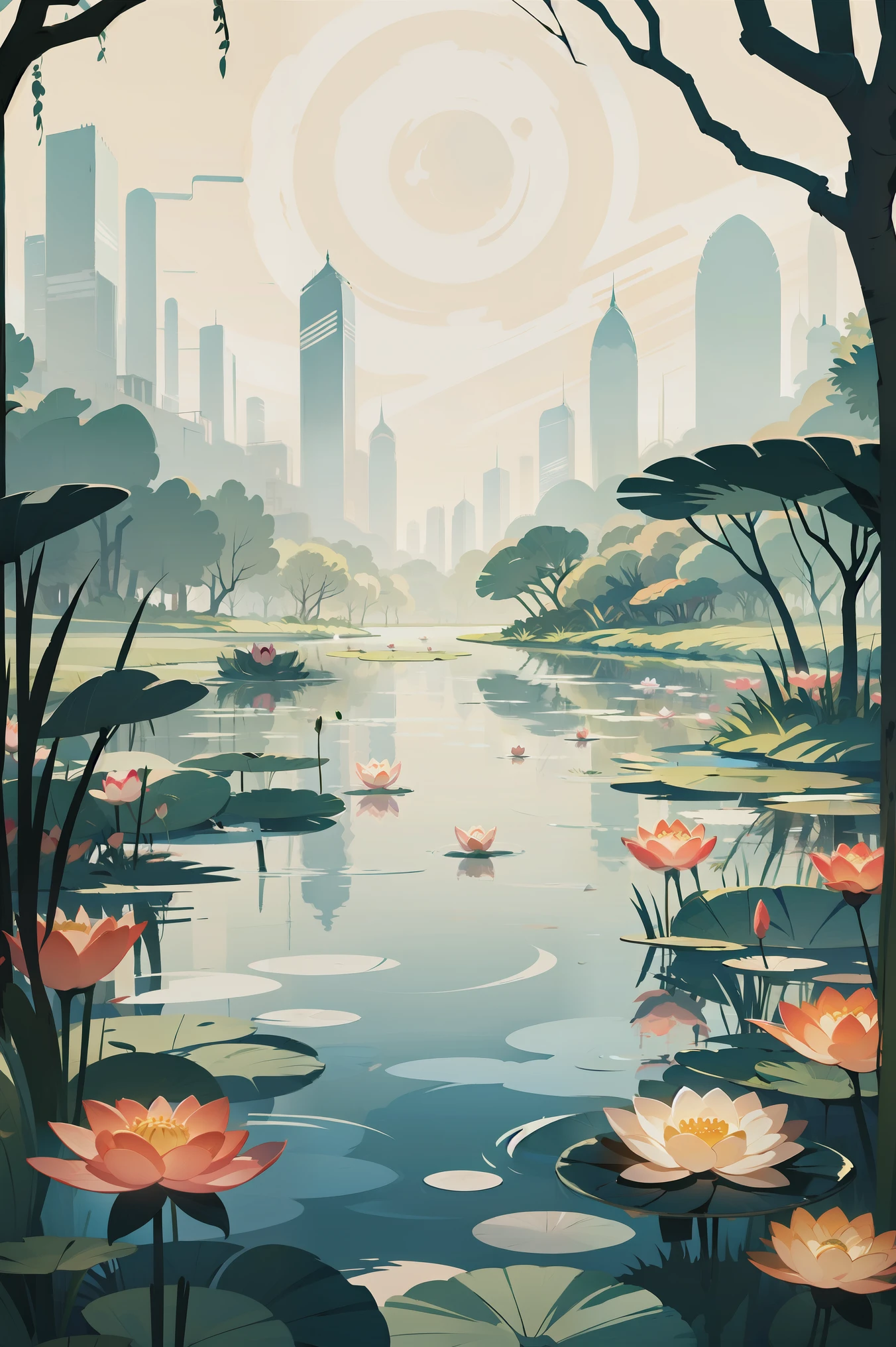 Lotus Pond Moonlight,no humans,, masterpiece,best quality,