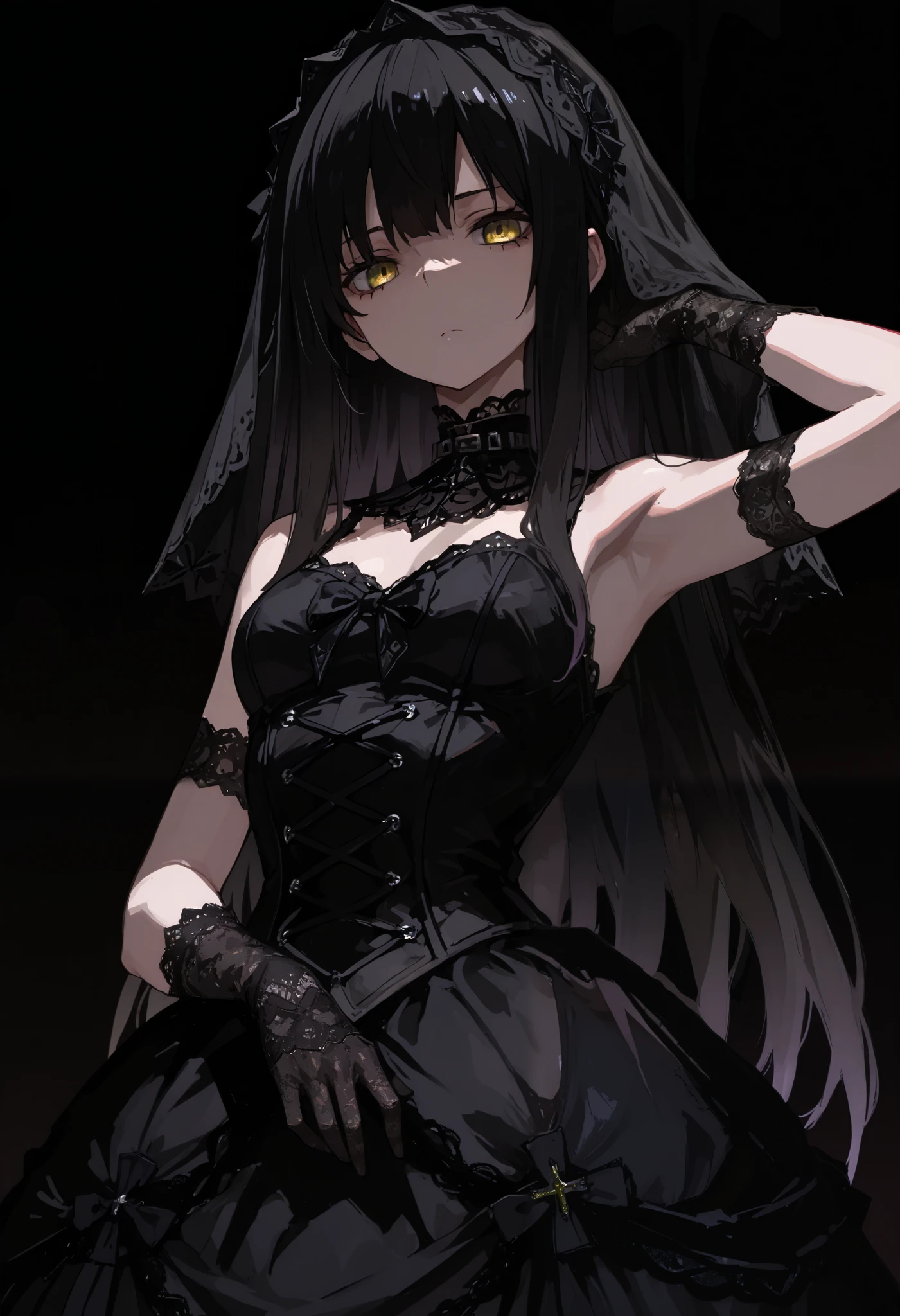 top quality , masterpiece, 748cm style , 1 girl, , viewers, , gradient hair, black hair, long hair, yellow eyes , gothic dress, black dress, gothic veil, lace gloves, bridal veil, shoulder, looking at viewer, dark background, perfect waist, standing, eyelevel shots, lace gloves, lace shoulders, armpits