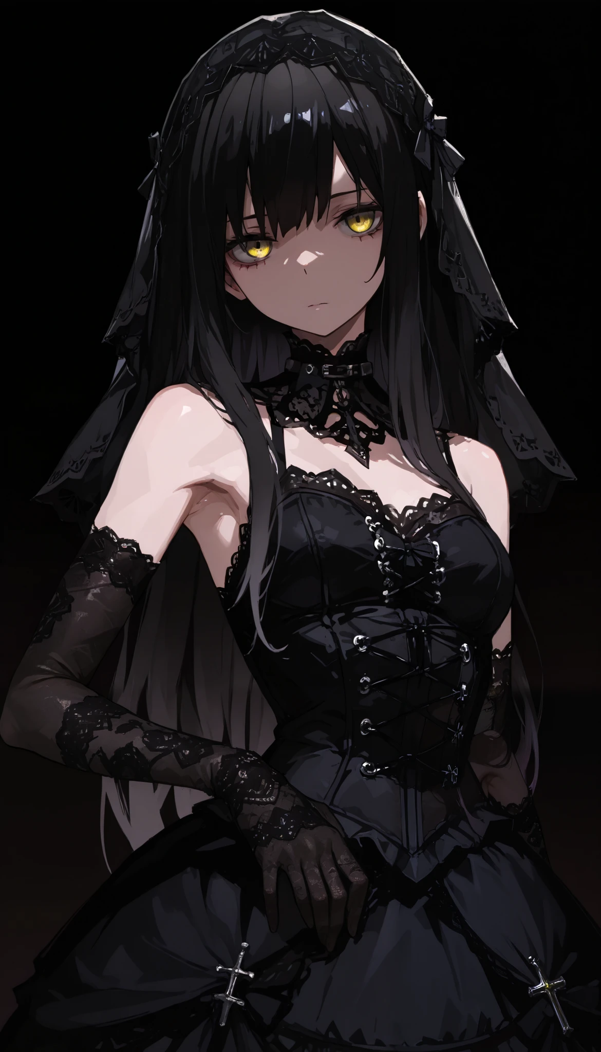 top quality , masterpiece, 748cm style , 1 girl, , viewers, , gradient hair, black hair, long hair, yellow eyes , gothic dress, black dress, gothic veil, lace gloves, bridal veil, shoulder, looking at viewer, dark background, perfect waist, standing, eyelevel shots, lace gloves, lace shoulders, armpits
