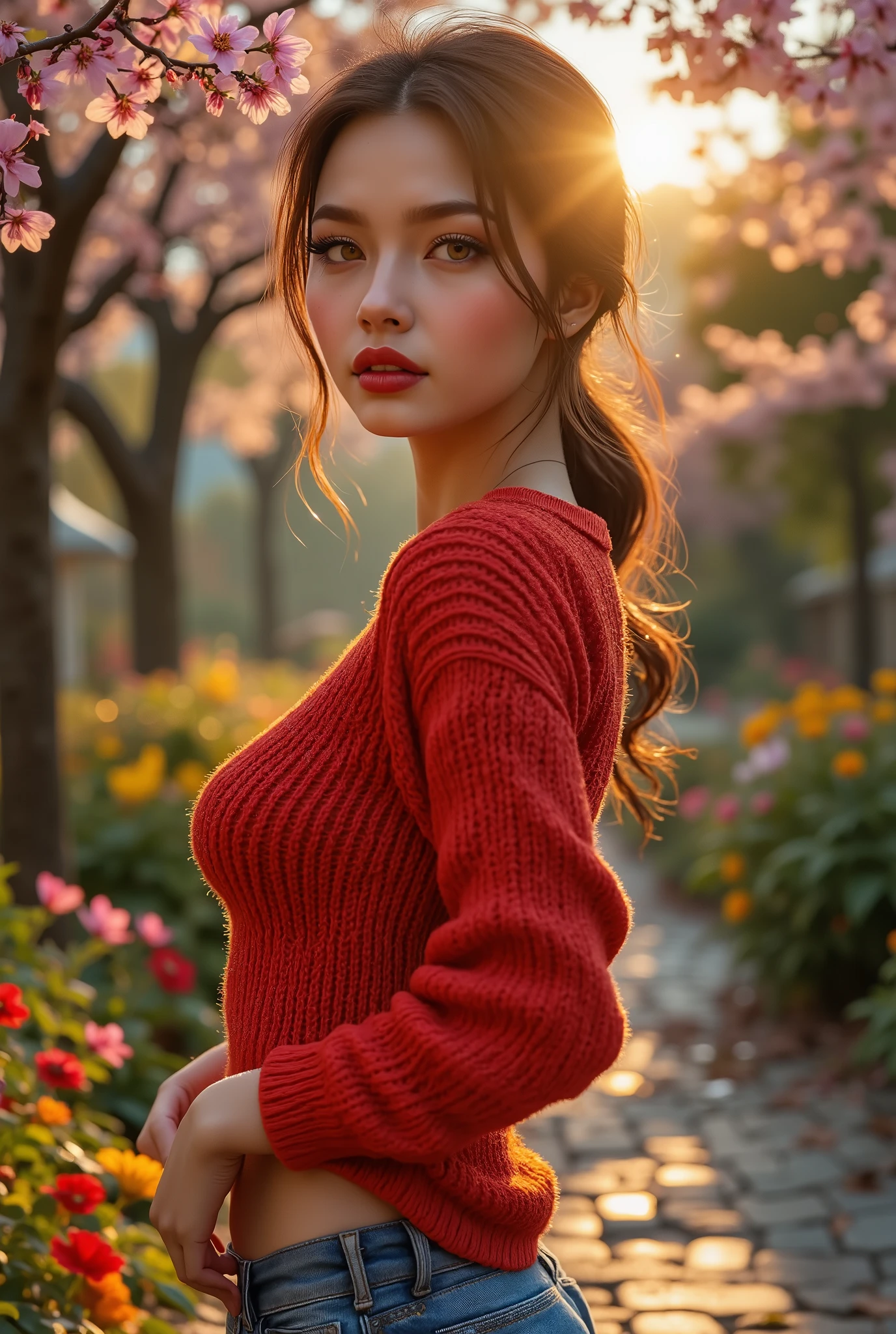  [Style: "masterpiece, realistic, Photorealistic realism, Hyper high resolution" - "(Hyper quality, intricate ultra-detailed digital art)"] (Key Directive: "The priority is the anatomical accuracy and texture of the materials as well as the quality of the eyes") {Character: "20-year-old white female" | Face: "symmetrical, pale skin, full lips, red lipstick: 1.15" | Eyes: "((sharp focus, no blurry eyes, Hyper absurd quality, Hyper details, {Hyper realistic brown eyes:1.4})) ((extra narrow eyebrows)) (Carefully draw Long blue_mascara:1.23) (perfect round eyes)" | Hair: "waist-length red curly (setting light reflections: 0.5)" | Pose: "backward stance, hips slightly tilted, hands on hips" Outfit: [Top: "red long-sleeved sweater (a bold, feminine, elaborately detailed: 0.75)"] [Bottom: "short denim shorts (smooth)"] Environment: "garden street at sunset (((rain-slick cobblestones), colorful flowers, cherry blossoms))" | Lighting: - "Cinematic clarity and global illumination") Technical Specs: (DOF: "shallow, f/1.8, blurred crowd in background") (Post-Processing: "Specifications: (DPF: "deep, f/1.8, distinct garden in the background") (Post-production: "chromatic aberration: 0.7") (Rendering engine: "Unreal Engine 5 path tracing, 16K texture maps") }