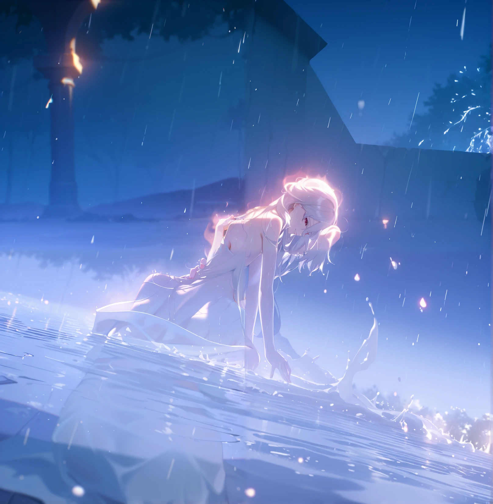 masterpiece, highres, absurdres, depth of field, best quality, amazing quality, very aesthetic, high resolution, newest, hyper-detailed, 1girl, mature woman, detailed skin, (upper body shot, from behind, exposed shoulders, exposed upper back, on her knees, kneeling, on the ground:1.1), looking over her shoulder, hand in her hair, extremely detailed eyes, HoSenti, long hair, white hair, red eyes, flat chest, smirk, tsurime, head tilt hair between eyes, greco-roman clothes, nature, aura of white nature magic, teasing expression, heavy-rain, rain, wet, wet body, wet skin,
