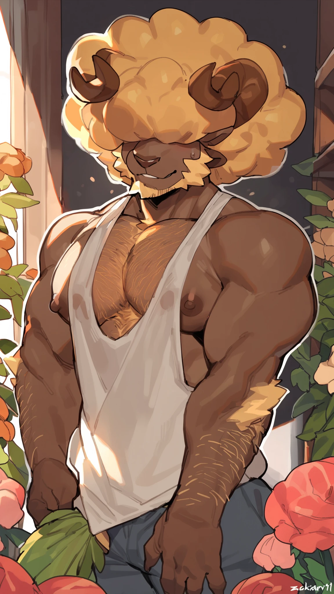 bara ram, full body, perfect anatomy, masterpiece, hunk, huge ram horns, florist, thin beard, dynamic light, blond afro haircut, ((huge afro covering the eyes, the hair is covering the eyes):1.1), hair shoulders, hairy chest, hairy arms, solo, great lighting, by bebebebe, by ZIXiong, by zackary911, by SligarTheTiger, by RED8EAN, white outline, very detailed face, solo, working in a flower shop, detailed face expression, looking at the viewer, florist outfit, dirty oversized tanktop revealing the nipples, low chino pant, holding flowers