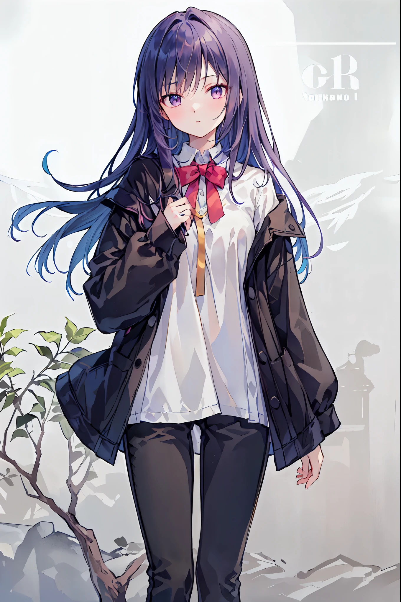 ((masterpiece)), ((TOP QUALITY)), ((TOP QUALITY)), (( super detailed)), ((8k CG wallpaper)), ((very delicate and beautiful)), ((figure)), (high resolution),with straight, slightly wavy orange hair、with a bunch of purple dyed purple hair, Woman with deep black pants , Bbo~, black t-shirt , red jacket .