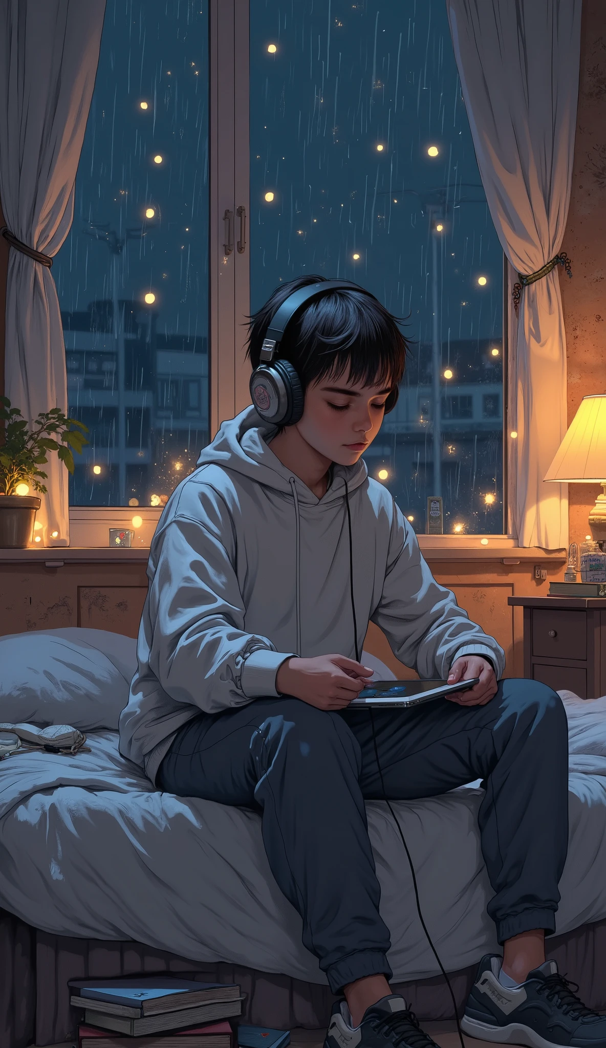 A young Muslim boy wearing a hoodie and sweatpants, sitting on a cozy bed with headphones on, lost in music. The room is softly lit with warm fairy lights, a laptop on the bedside table, and books scattered around. A window shows a rainy night outside, creating a peaceful, dreamy atmosphere. The art style is lofi with soft, warm tones and a nostalgic feel.