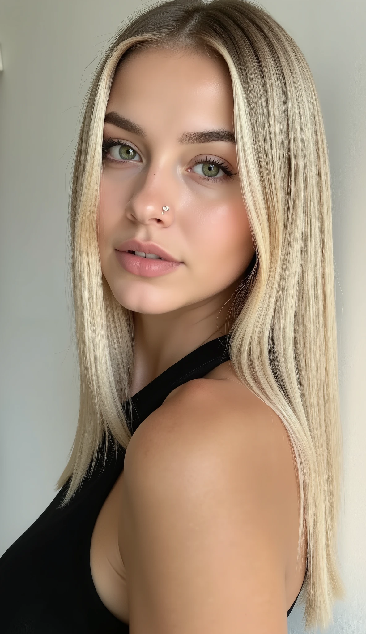 TikTok girl, iPhone photo, 20 year old blonde woman, (((green eyes:1.4))),((big breasts:1.4)),Hot, ((hyperrealism)), height: 1.75. (((Straight platinum blonde hair))), (((sexy slim body))), (extra long hair), very long hair, (minimalist girl illuminated by natural light),((small piercing under the nose:1.2)), 8k, high quality, "Portrait of a young platinum blonde model with striking green eyes, flawless skin and natural glow. Close-up with soft and luxurious lighting, highlighting authentic beauty. Confident and seductive expression, conveying mystery and charisma. Neutral and elegant background, with soft tones and artistic blur. Minimalist, sophisticated and magazine cover worthy aesthetic."