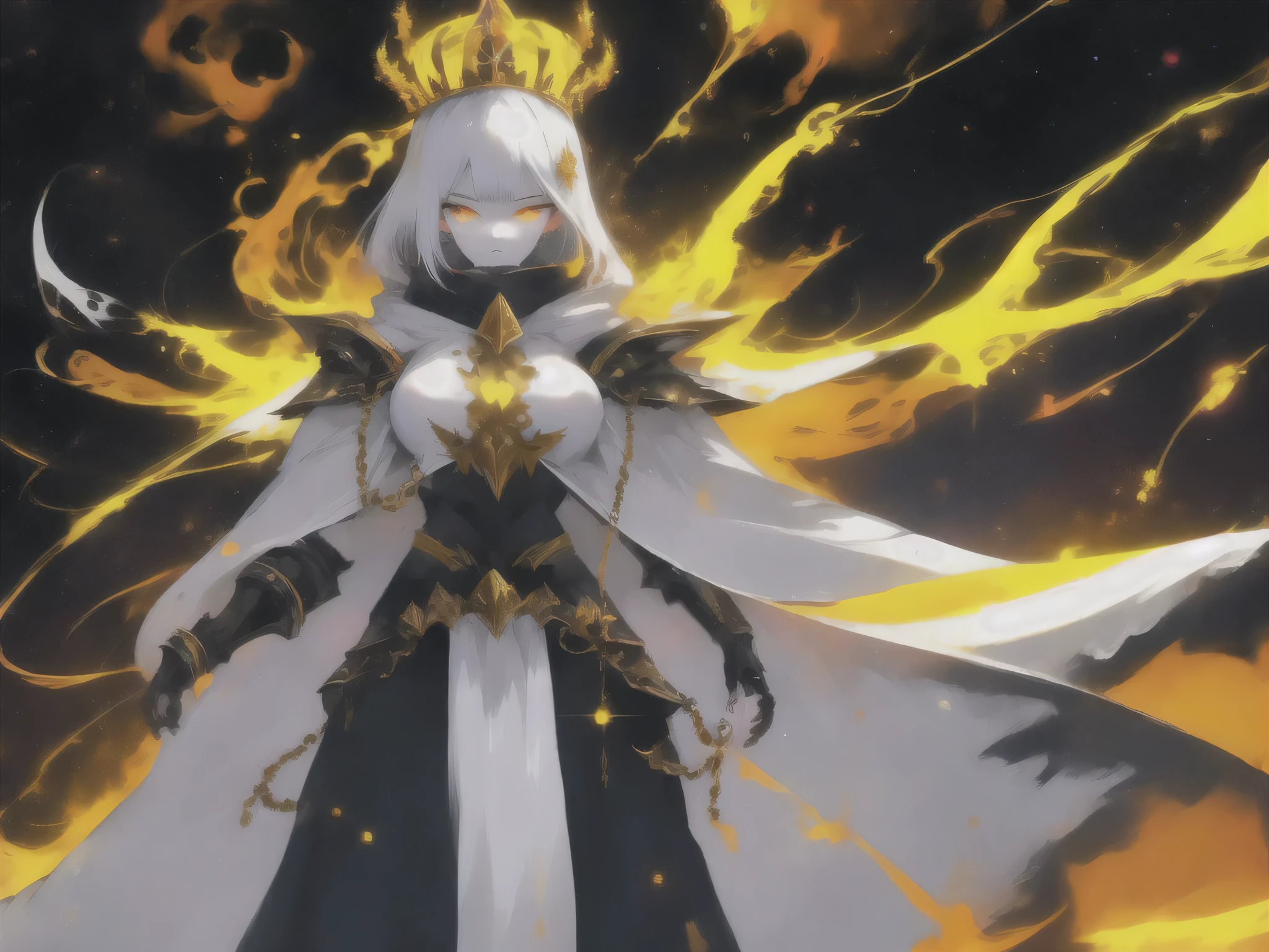 best quality, 8k wallpaper, 1 girl, Alone, white hair, (absurdly long hair), big breasts, golden eyes, expressionless, pale skin, Goddess wings, horns (in the form of a crown), space, nebula, Planets, dark golden energy, white cloak, bare shoulders, half-closed eyes, golden particles, combat stance , skeleton armor, golden fire, white aura.