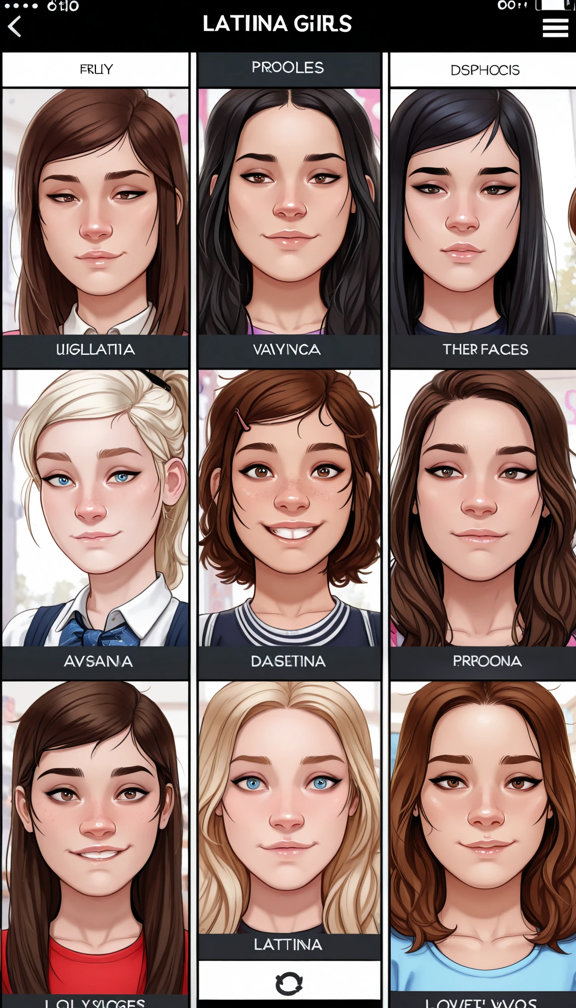 masterpiece, best quality, amazing quality, very aesthetic, high resolution, ultra-detailed, absurdres, newest, a close up of phone screen with dating app multiple profiles, cute art style, multiple young girls, early adolescents, multiple girls, varied girls, random ethnicities (white, latina, asian), random ages (preadolescent, er, early highschooler, higl sophmore), assorted poses, various hair colors and styles, fully detailed faces, lovely detailed faces, stunning art style, detailed and beautiful faces, clear text, various names, ExpresHGothicNeonIncase