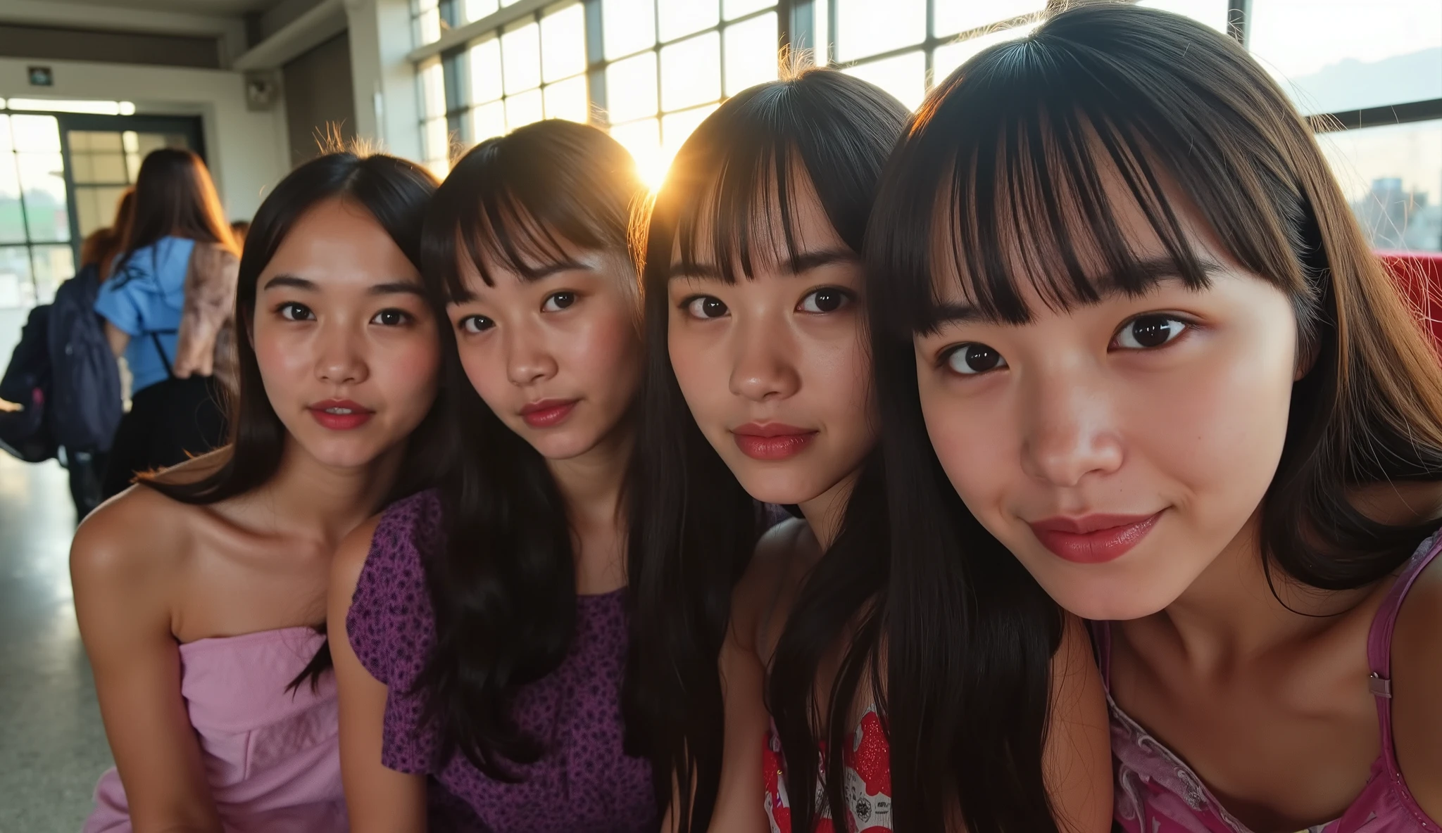 adolescent, 4 girl, Selfie, 4 friends, Seeing beyond the horizon, makeup, eyeliner, small nose, Idol , thin , slanted eyes, big eyes, full fringe on the right side , youthful appearance , black hair , details eyes , Iris , smiling, smile, youthful appearance , sitting , vintage aesthetic , cute face , long hair, cabelo pelos shoulders, shoulders, volumoSo hair, luz media , ambient light, sunset , Sun reflection through the window, in the Environment, focused environment, Environment:Japan/japan cafeteria, Be, objects, olhos Berados