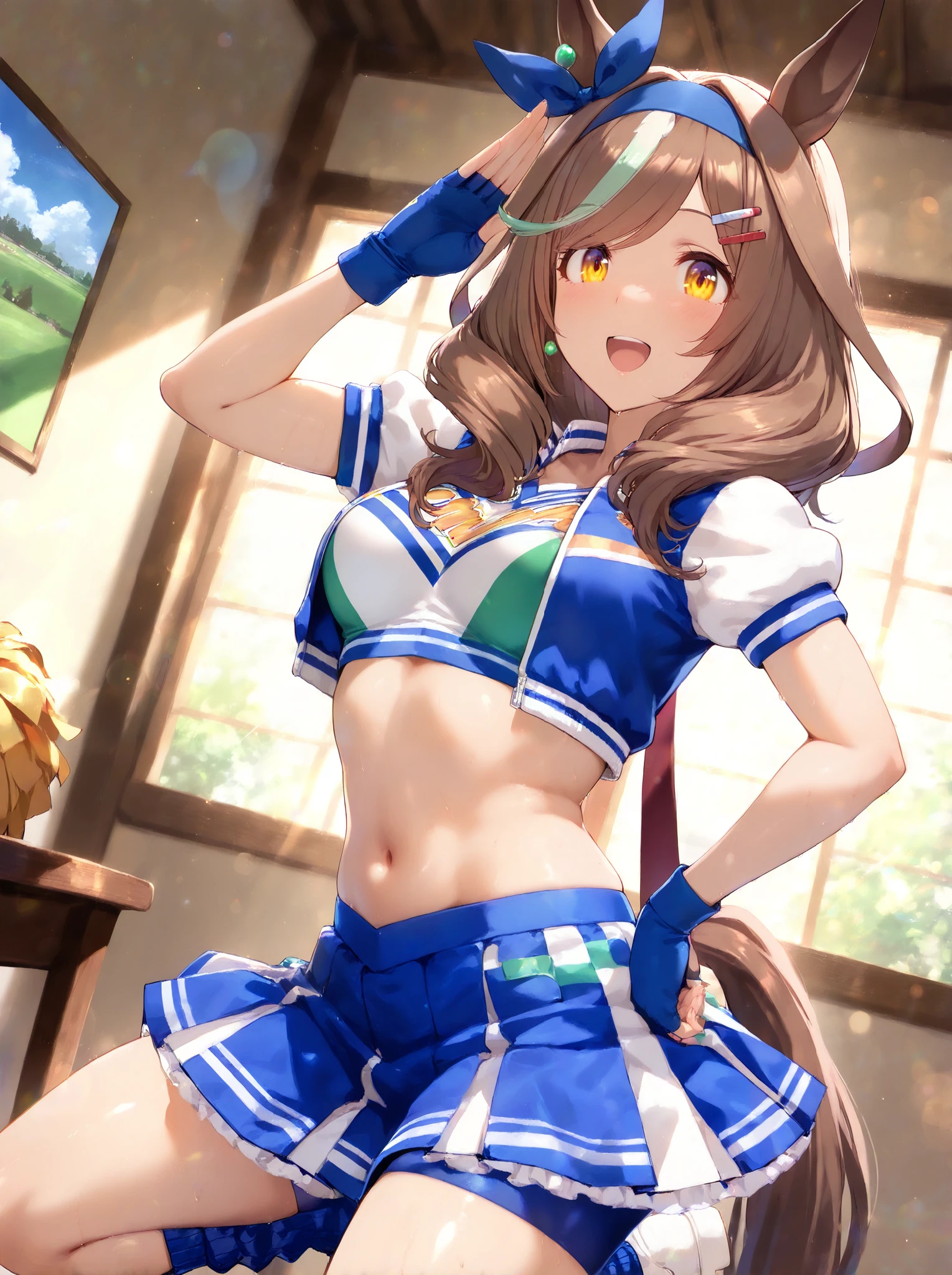 masterpiece, TOP QUALITY, ridiculous,
Matikane Tannhauser \(Uma Musume\), 1 girl, horse ears, Mahogany, brown lace up boots, red hair clip, viewers, smile, open your mouth, fingerless blue gloves , midriff, viewers, cheerleader, rah-rah skirt , cropped jacket , short sleeves to expose the penis, ponytail, crop top, blue loose socks , white platform sneakers, Blue headband , green earring , green hair clip\n大きなsmile, open your mouth, light, lens flare, light particles,Dynamic Pose, dynamic angle, blue shorts ,Under the skirt
clouds,雲y day,light, lens flare, light particles,Dynamic Pose, dynamic angle,, Dutch angle indoors,( panties)、(Bra), , skirt flip