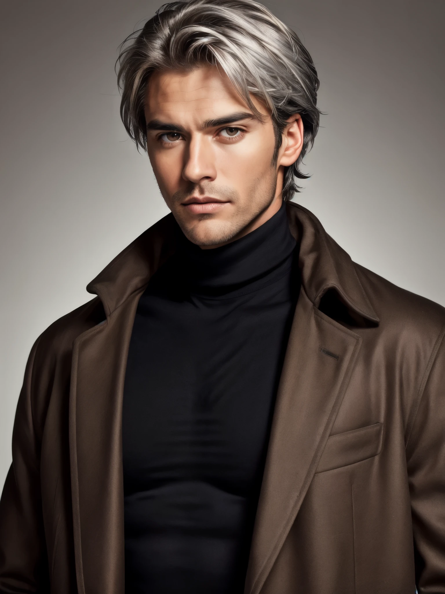 (best quality), 1boy, mature man, tanned skin, silver hair, medium hair, hair loosely combed back, brown eyes, perfect eyes, muscular, handsome, cold expression, black turtleneck, coat jacket, clean shaven face, masterpiece, anatomically correct, highres