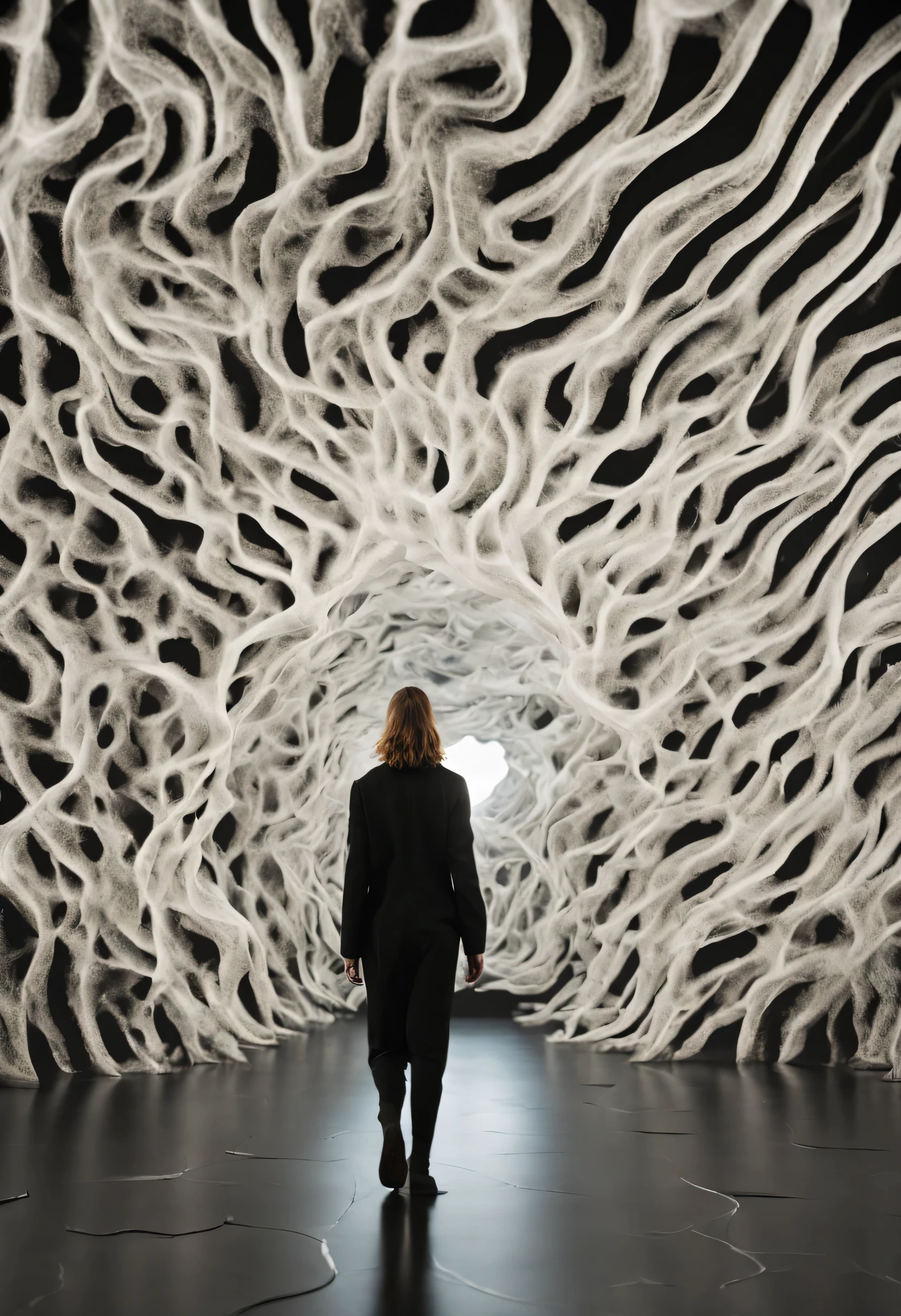 minimalist, closeup, interior, bio organic CHRISTMAS installation, oil, Neri Oxman, strange anomalies, abstract, spatial glowing, biomimicry, cotton texture, fabric, living architecture, hallucinations, inflated biomimicry, silk and flesh biomimicry, spatial interventions, glowing, CHRISTMAS black museum interior, charcoal clothing blurry person walking, organic slime, flesh design, realistic face, award winning perspective, raw snapshot, close up, looks used, rim lights, dirty lens, bio studies, clear details, texture high quality, full black background, full black museum installation,full black background, no window