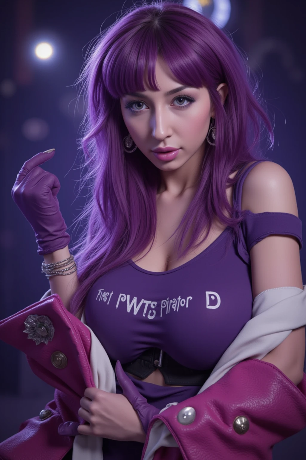 （A beautiful Juri Han, Real person, Detailed body） cleavage, midriff, fair skin,（eating a donuts sensually, donut crums on cleavage）、licking a donut, maximum definition, perfect teeth, super detailed language, inside cafe（（A composition of a match with momentum and hair swaying, Live Action））,, delicious donut, holding a creamy donut that is covered in sprinkles, creamy donut、tight purple body suit、Sweat is sexy、（（Beautiful athletics competition））、sexy smirk, stoya-v2