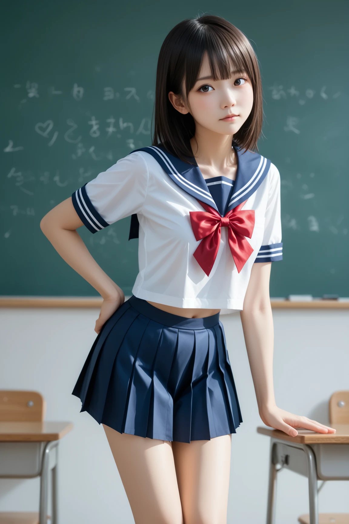 Short-sleeved sailor uniform 18-year-old Mature Her chest is G cup Brown Hair I'm piercing Touching my hair classroom A little embarrassed