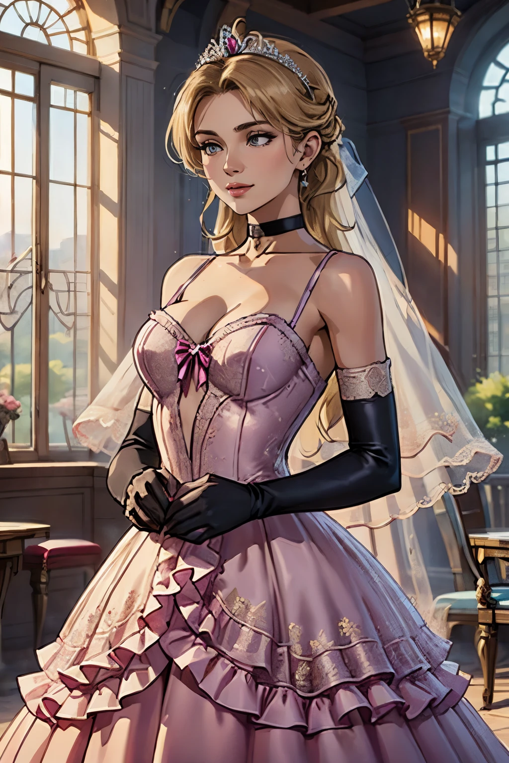Sonya Blade MK, hair between eyes, ahoge, blonde hair, star \(symbol\), hair ornament, ruffled tulle dress, cleavage, bare shoulders, collarbone, long black elbow gloves, black gloves, black dress, black choker, strapless, tiara, veil, strapless dress, princess dress, veil, beautiful woman, perfect body, perfect breasts, wearing a princess dress, ball gown, in the park trees, wedding decorations, a warm smile, realism, masterpiece, textured skin, super detail, high detail, high quality, best quality, 1080p, 16k