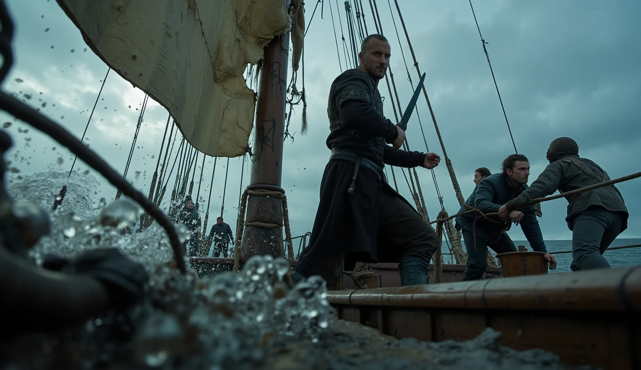 [Tracking shot] from a [low, dynamic angle], set on the [deck of a weathered ship under a stormy sky], captures [Vikings], a [mid-30s] man with a [lean build], [angular] facial structure, . In the background, [sailors struggle to control the sails as lightning illuminates the roiling sea], while the foreground includes [water splashing violently over the ship’s edge]. The environment is alive with [chaotic motion], such as [gusting winds and crashing waves]. The camera [follows Viking’s movement smoothly], panning and tilting with [fluid precision] at a [moderate] speed, offering a [dynamic perspective] with a [cinematic flow], emphasizing [his audacious persona amid the turmoil]. Lighting is [stark and intermittent], casting [flashes of harsh light and deep shadows] across the scene, creating a [tense and electrified] atmosphere. The composition follows [leading lines along the ship’s rigging], framing elements that highlight [Viking's commanding presence amidst chaos]. The color palette features an overall [stormy and muted] tone, with a detailed cinematic palette of [steely greys, deep ocean blues, and flickering yellow highlights]. The scene concludes with [Viking dramatically drawing his cutlass], as [a wave crashes against the ship, setting up the next moment of peril].